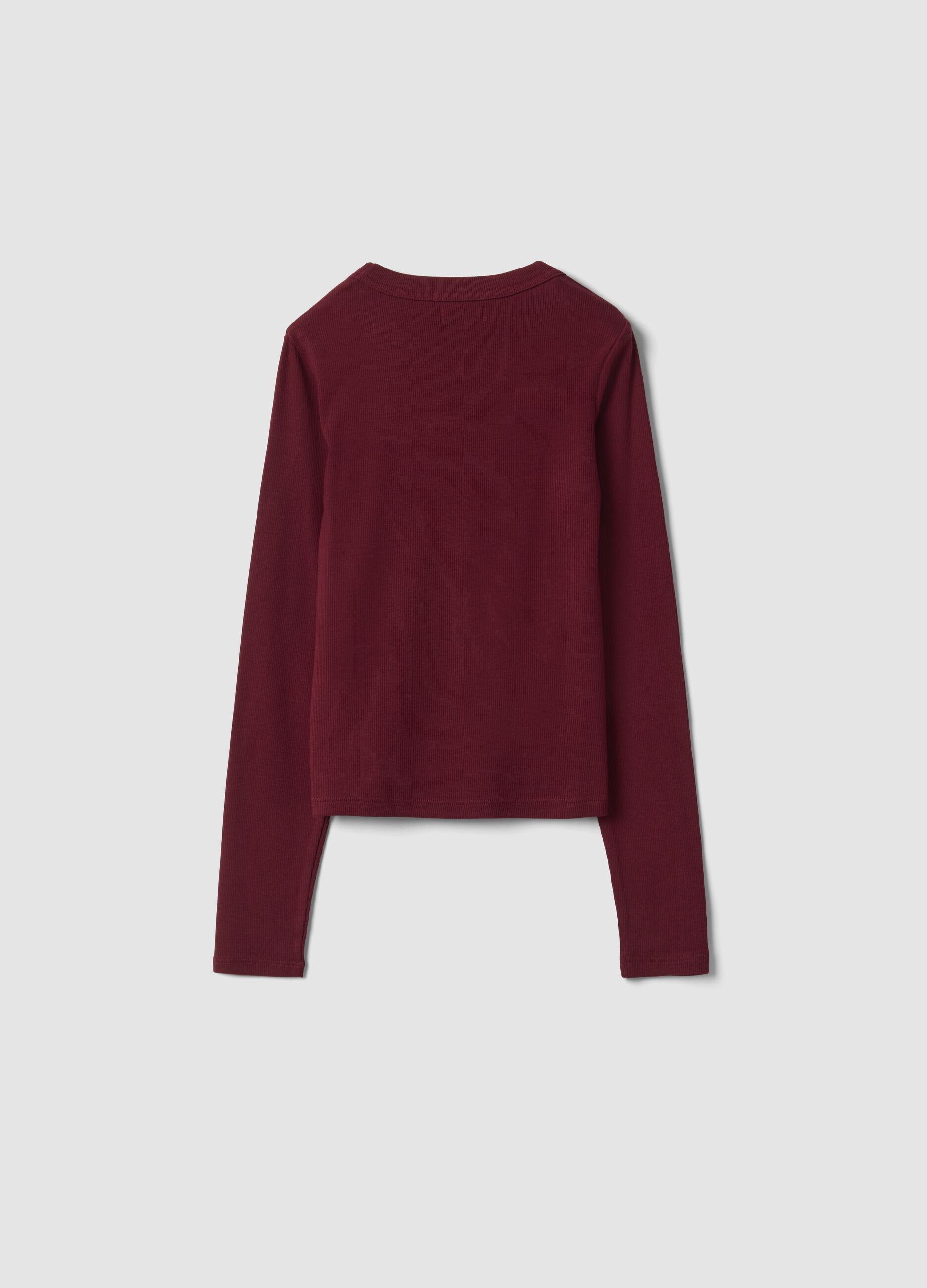 Red stretch organic cotton T-shirt with ribbed neckline