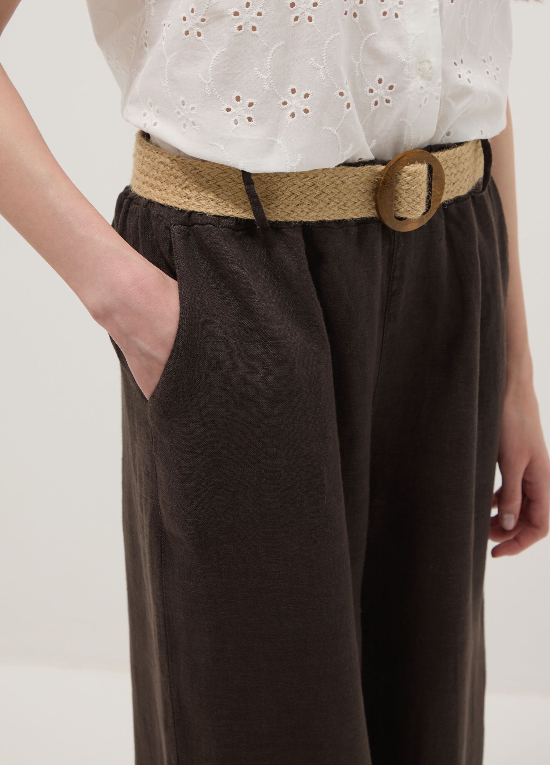Braune Wide-Leg-Hose aus reinem Leinen mit elastischem Bund