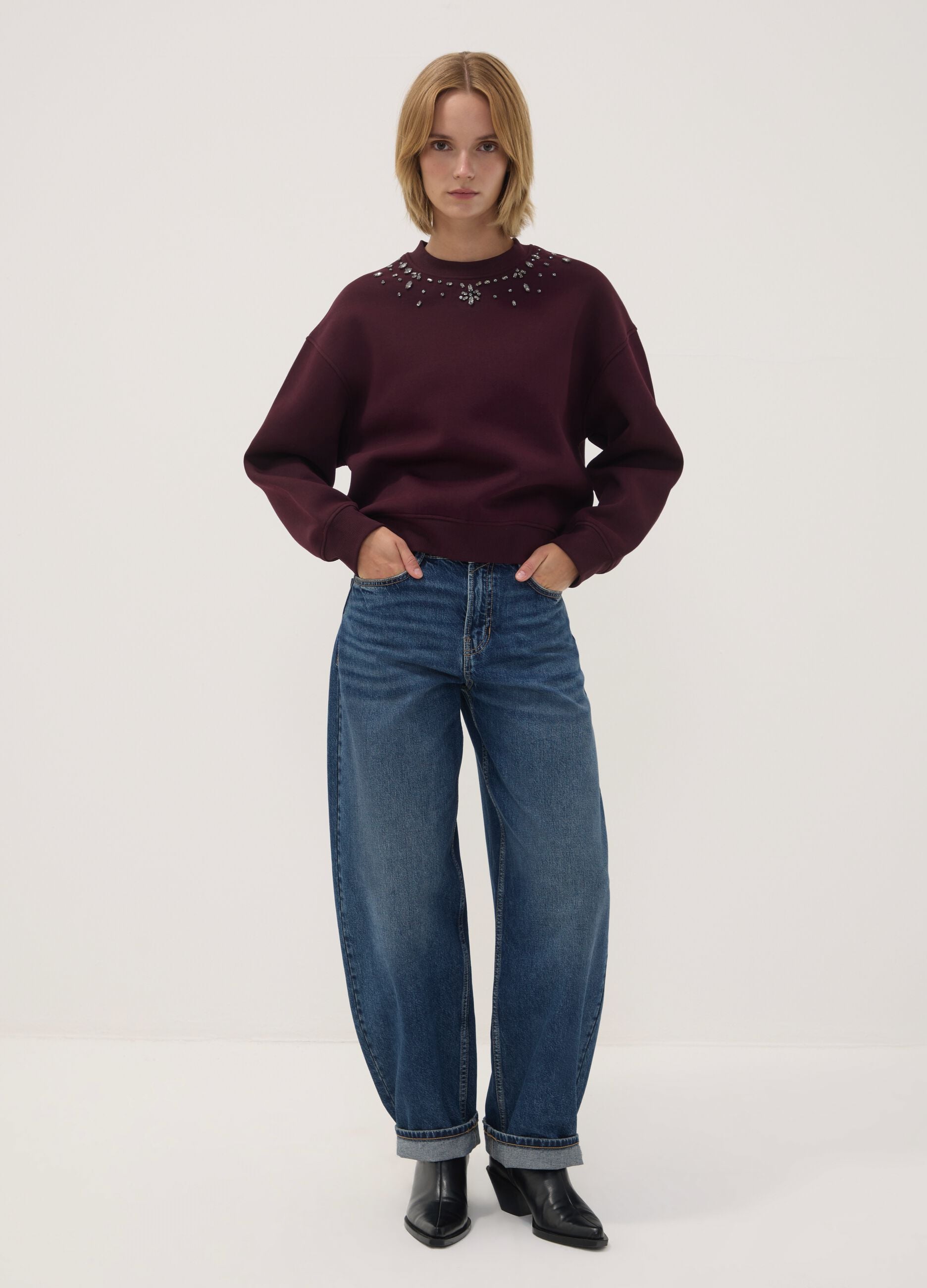 Red relaxed-fit cotton-blend crew-neck sweatshirt with rhinestones