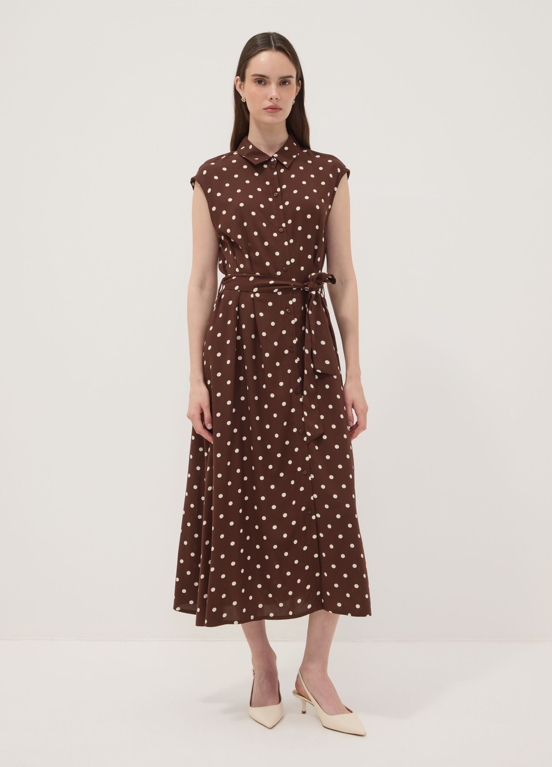 Brown midi dress in pure viscose with polka dots, regular fit