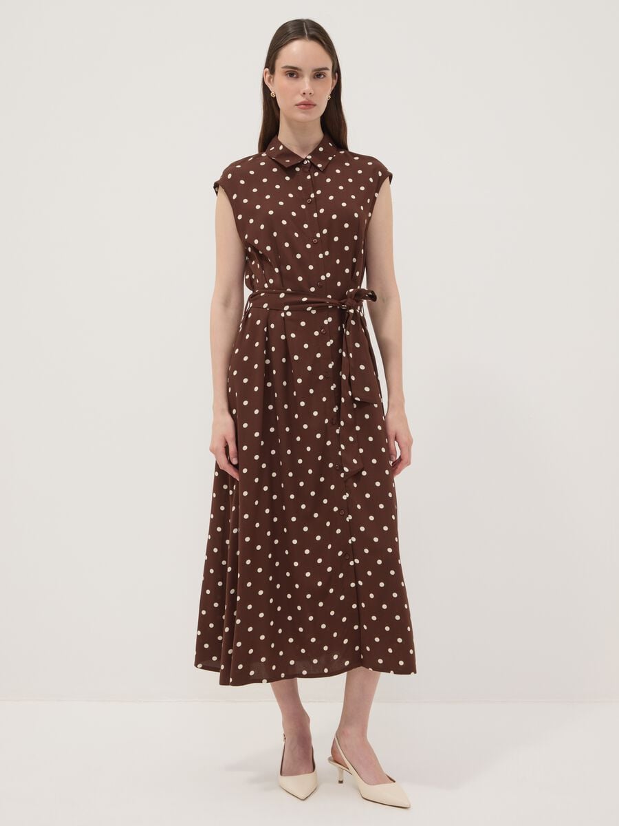 Brown midi dress in pure viscose with polka dots, regular fit_1