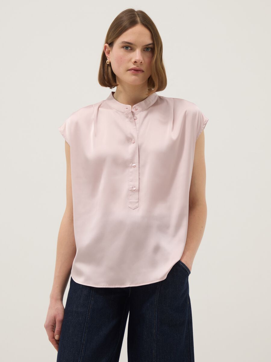Regular fit pink short-sleeve blouse with a Mandarin collar_0