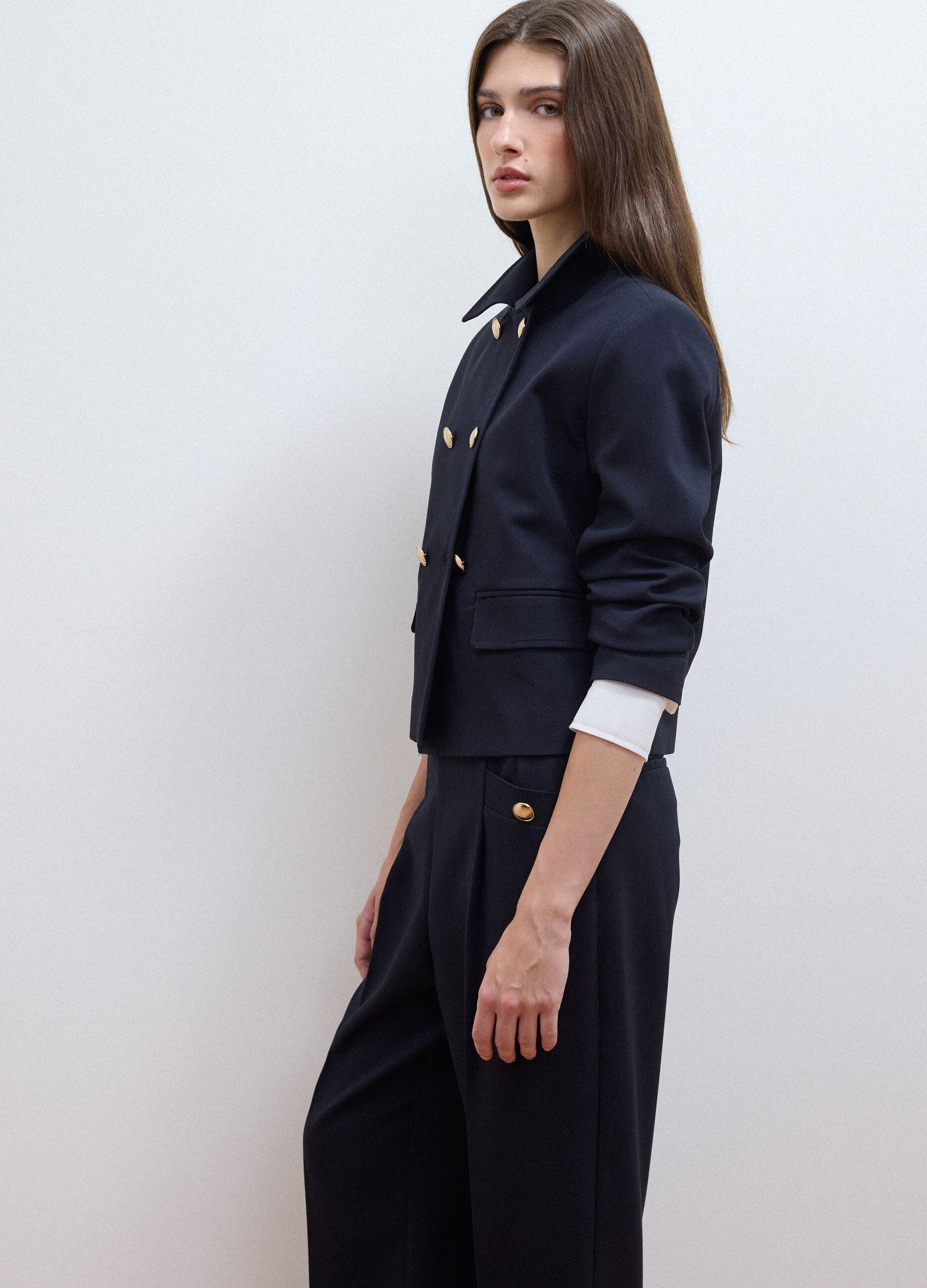 Blue double-breasted stretch viscose blazer with gold-tone buttons