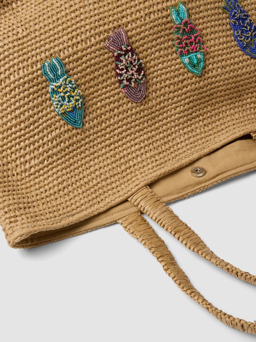 Beige cotton-blend and paper-fabric beach bag with bead detailing_2