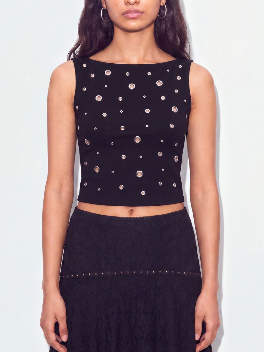Black stretch cotton top with metal eyelets, regular fit_3