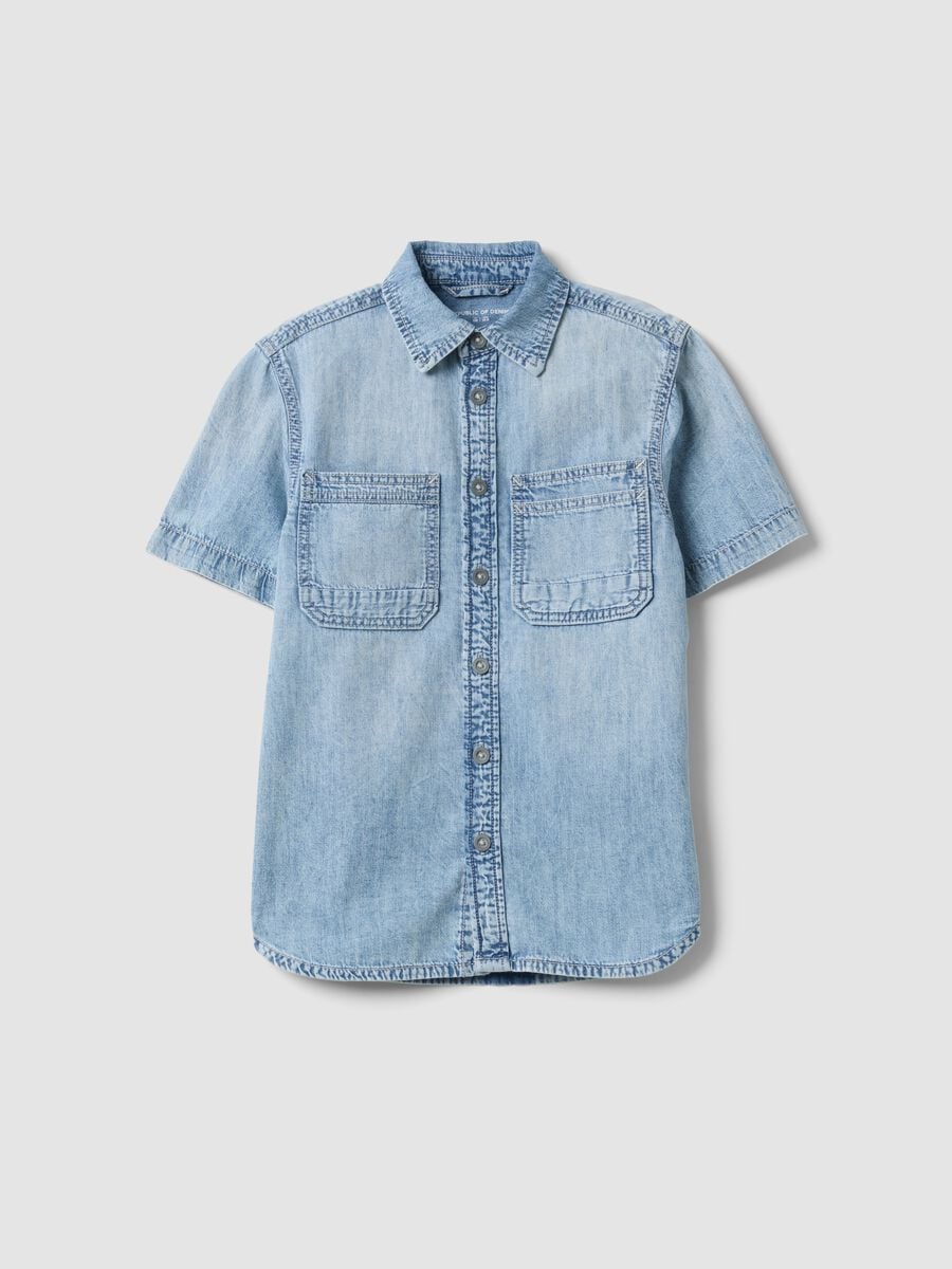 Camisa vaquera azul claro de algod&oacute;n puro de manga corta_0