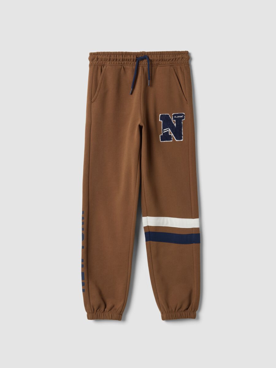 Pantaloni jogger marroni in puro cotone con bande a contrasto_0