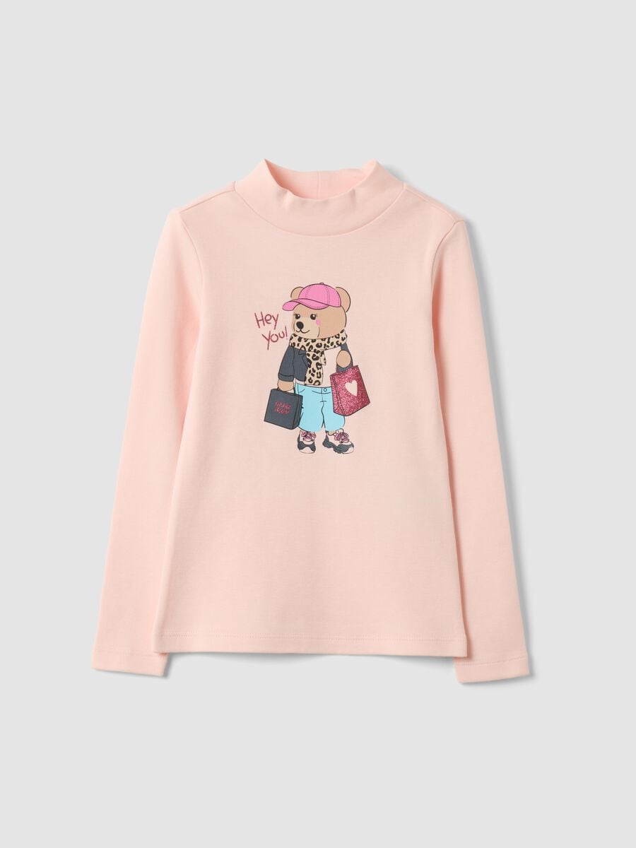 Pink organic cotton T-shirt with mock neck and teddy bear print_0