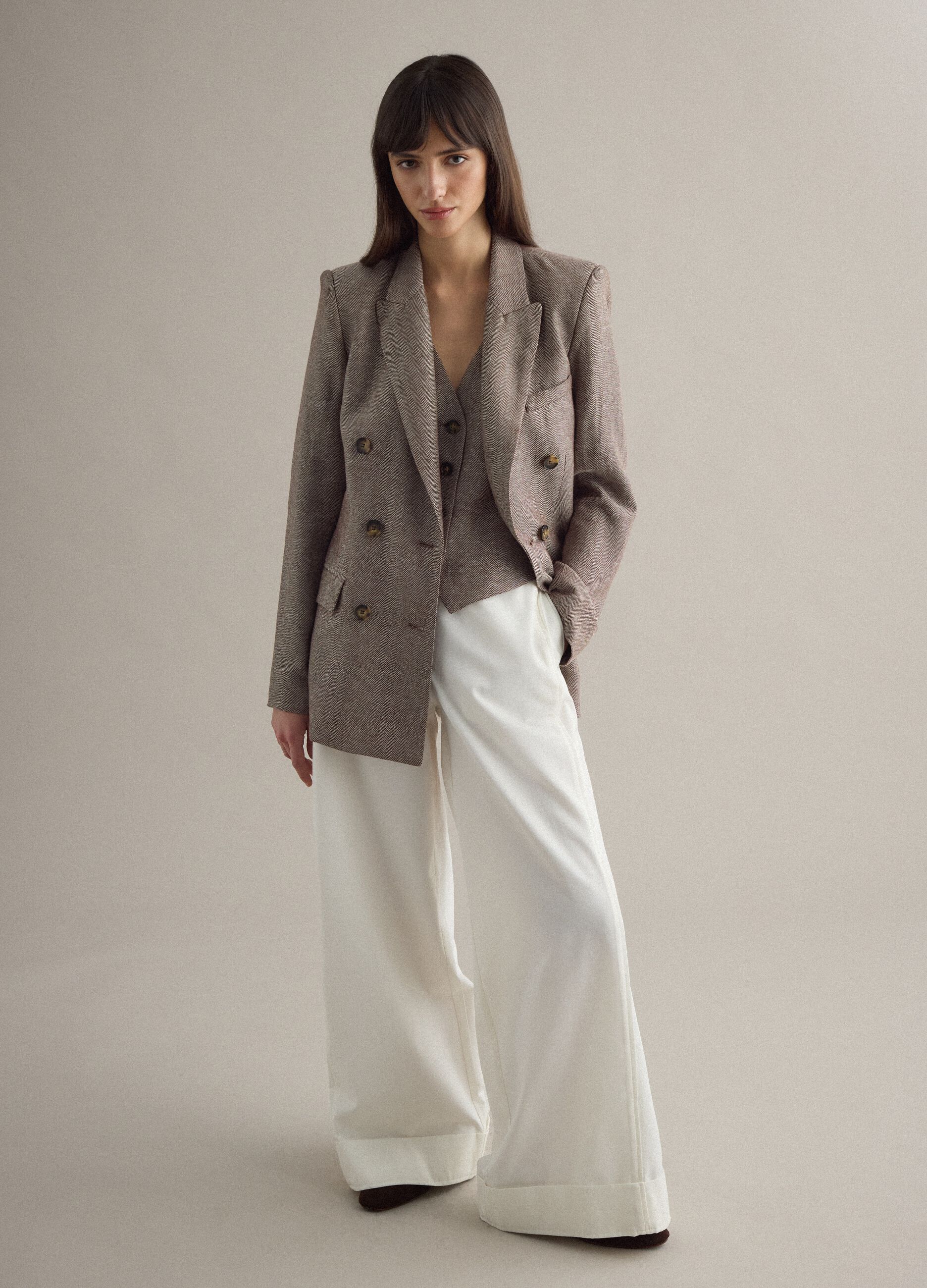 Wei&szlig;e Baumwoll-Mischung Flare-Hosen mit regul&auml;rer Taille