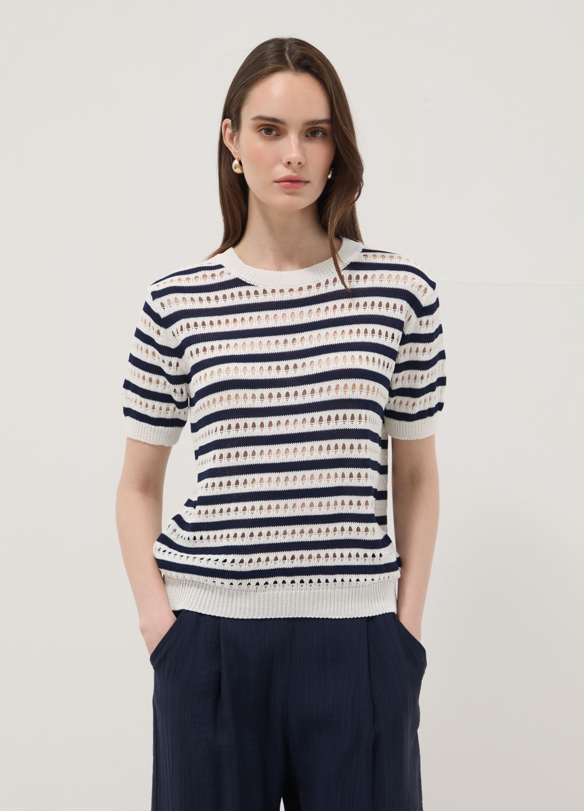 White and blue striped regular-fit openwork viscose-blend T-shirt