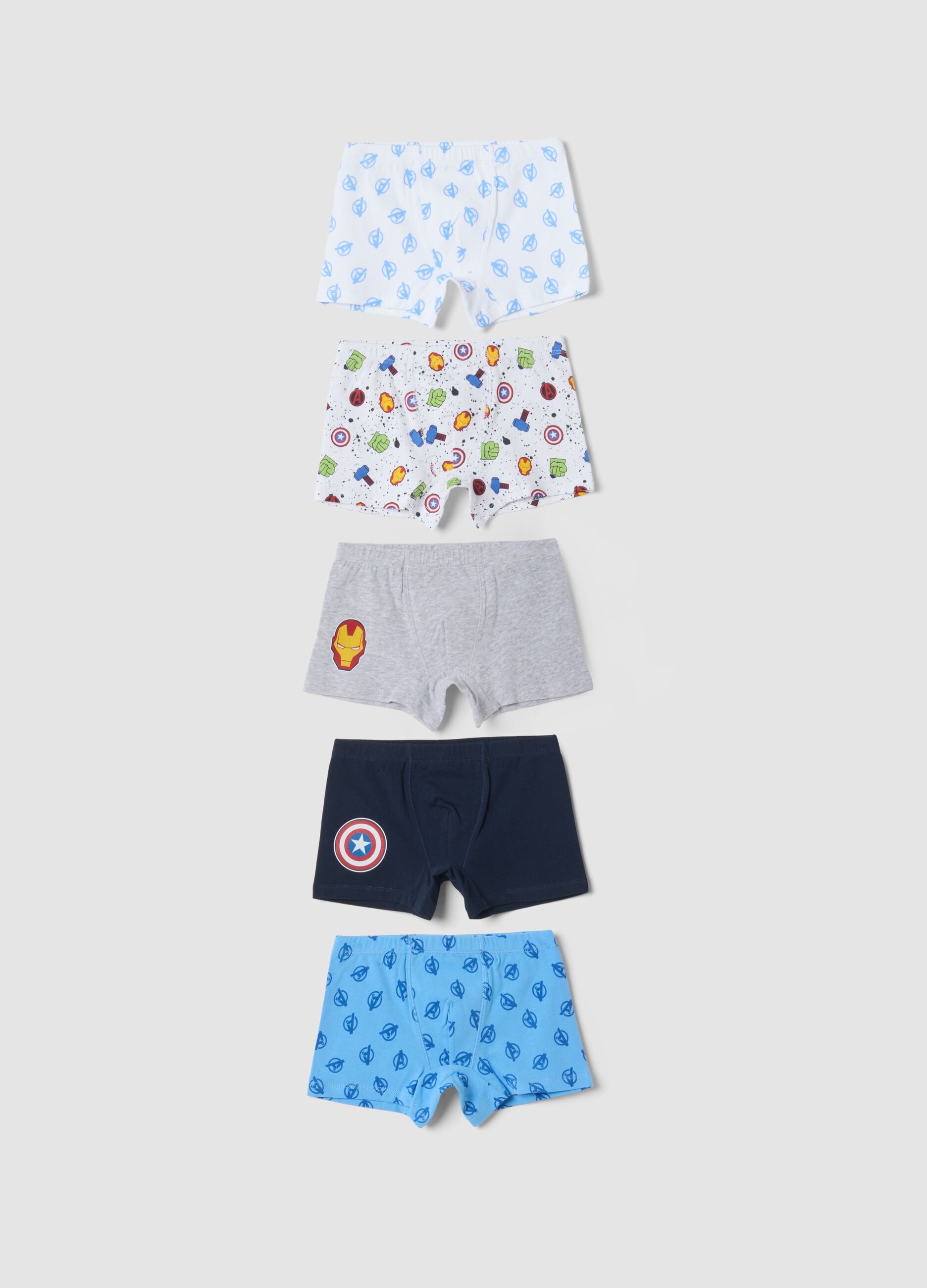 Multipack di cinque boxer in cotone organico elasticizzato con stampa Avengers