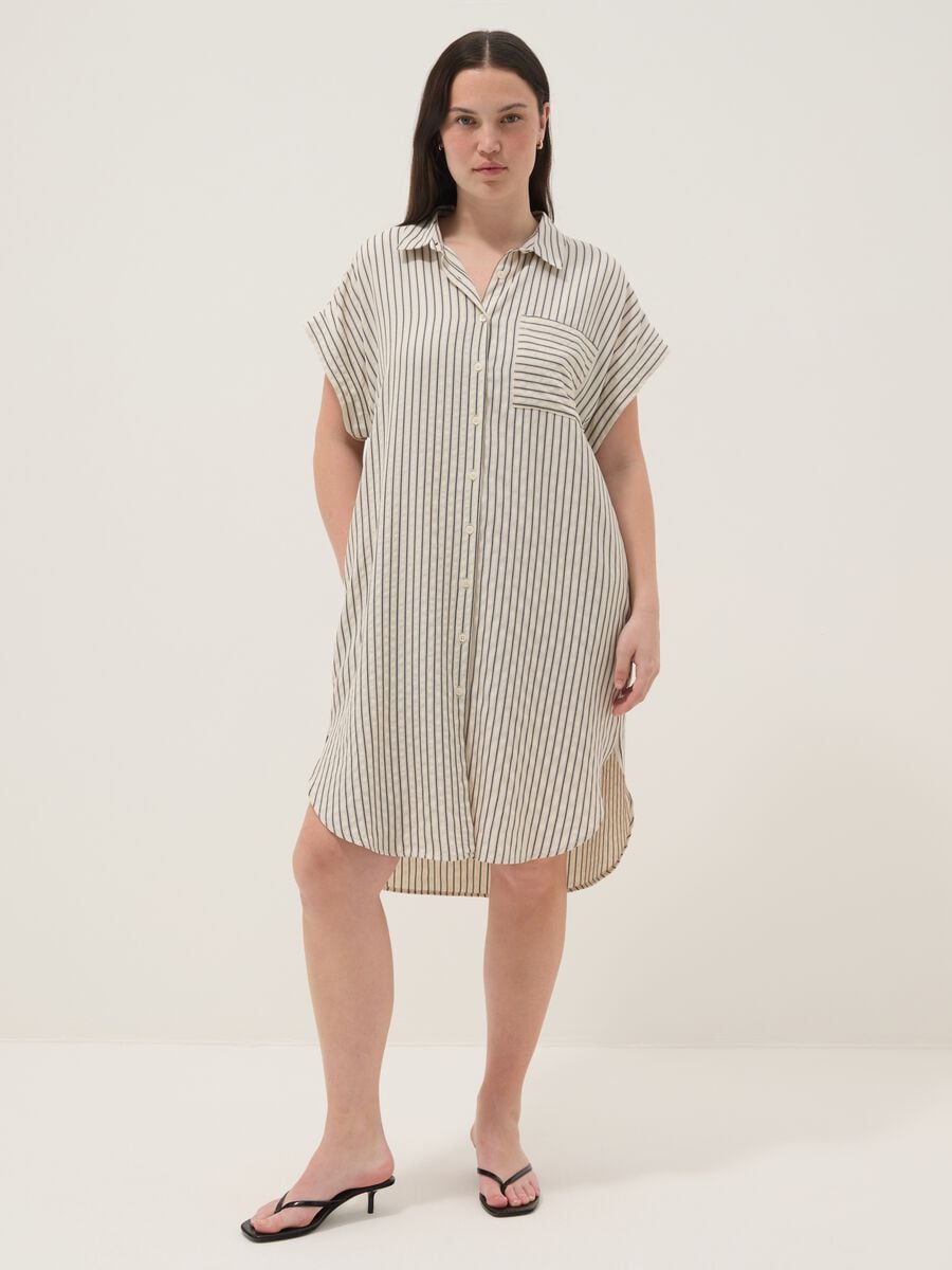 Beiges gestreiftes Hemdblusenkleid aus Viskosemix_0