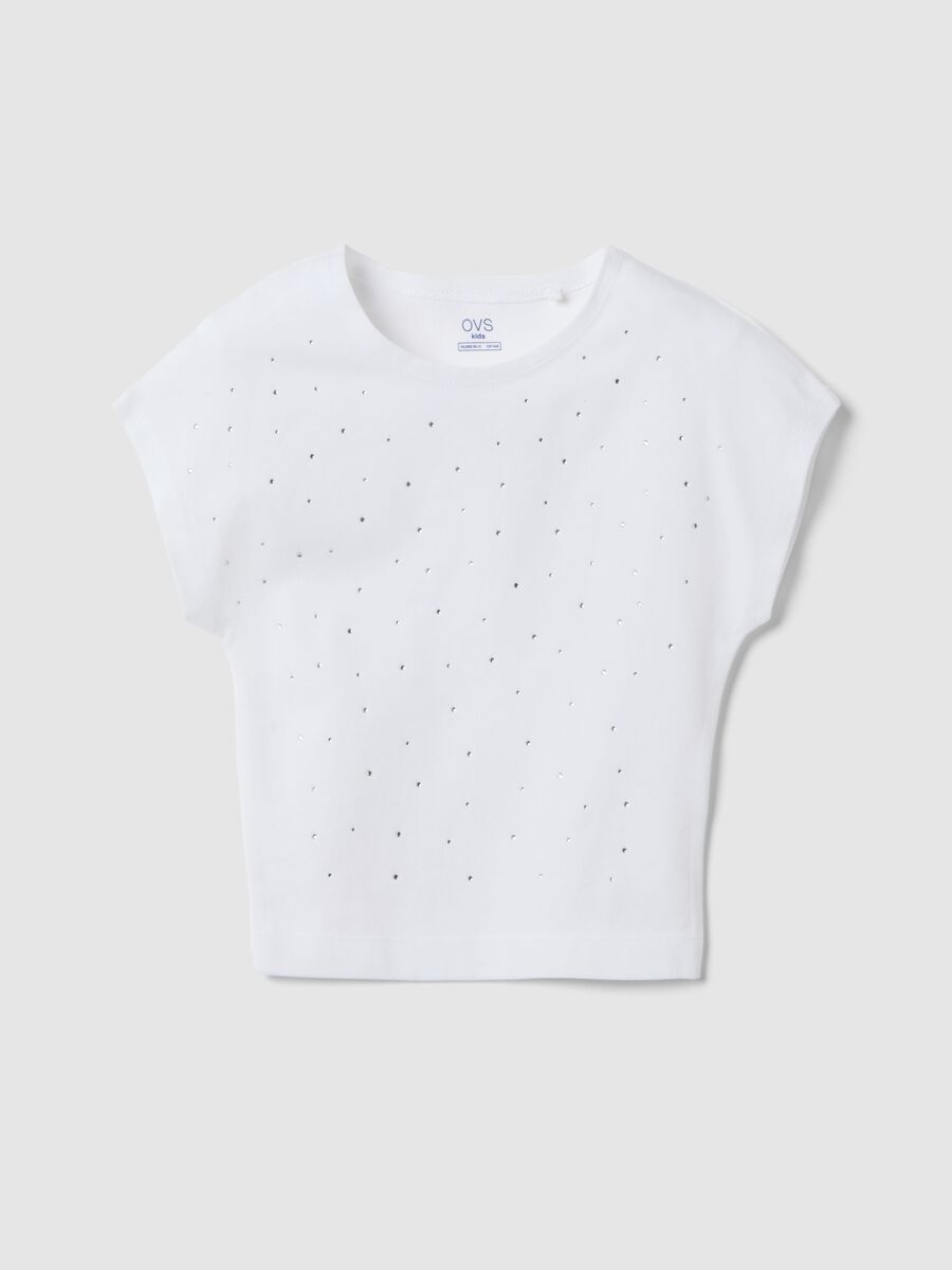 T-shirt in cotone elasticizzato bianca da ragazza slim fit con strass_0