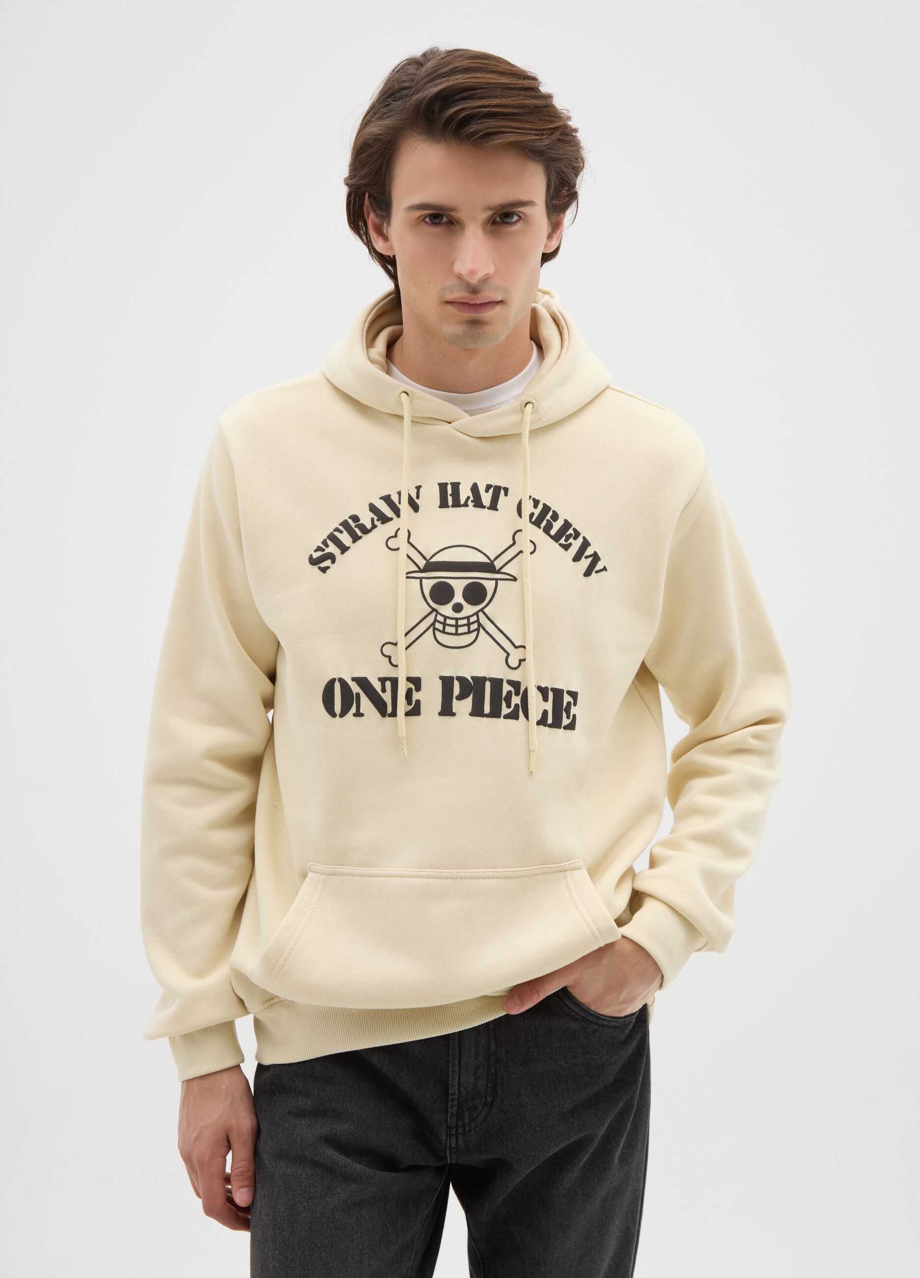 Beige Kapuzenpullover aus Baumwollmischung mit One Piece Motiv