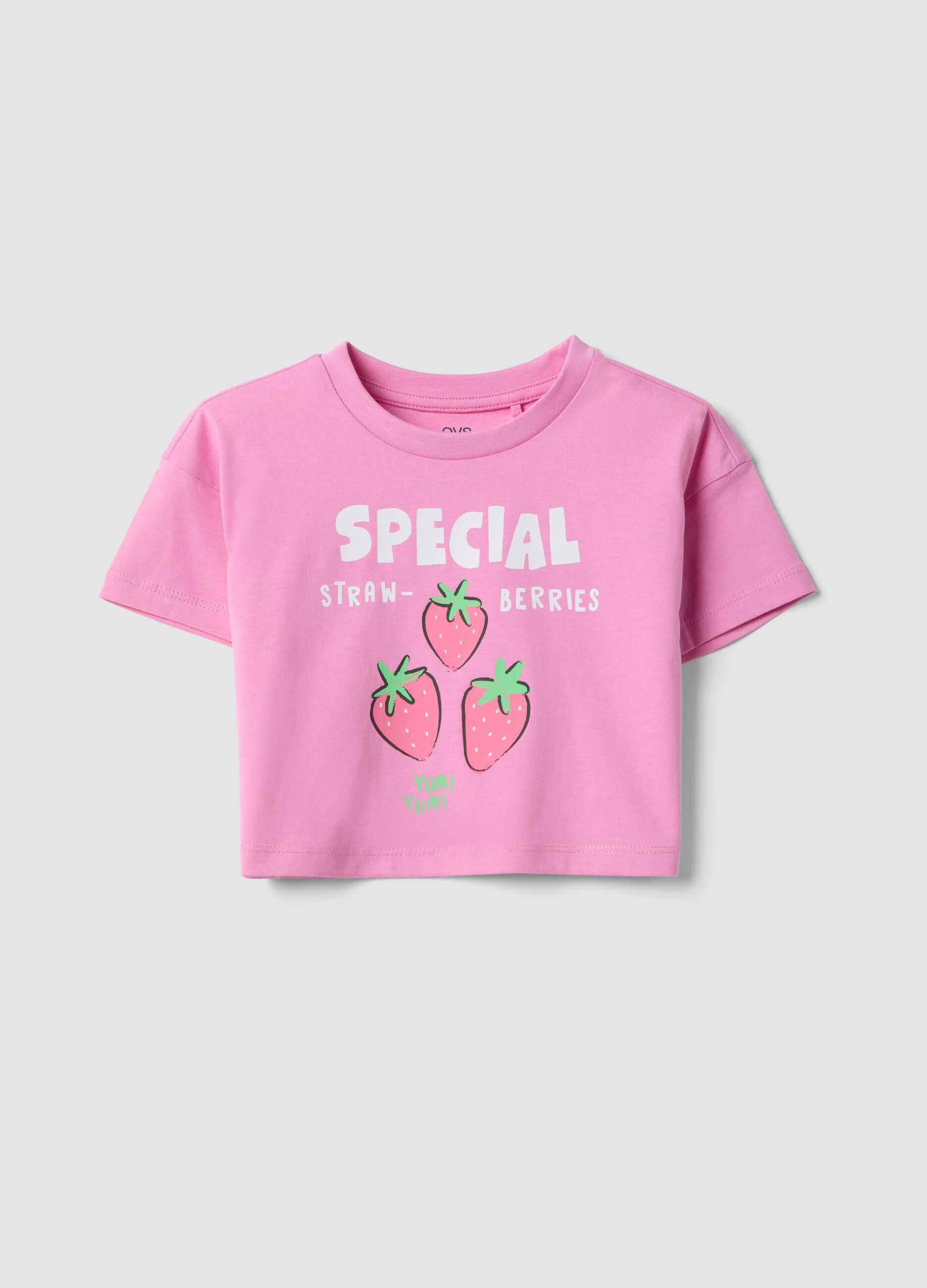 Pink pure cotton T-shirt for girls with strawberry print