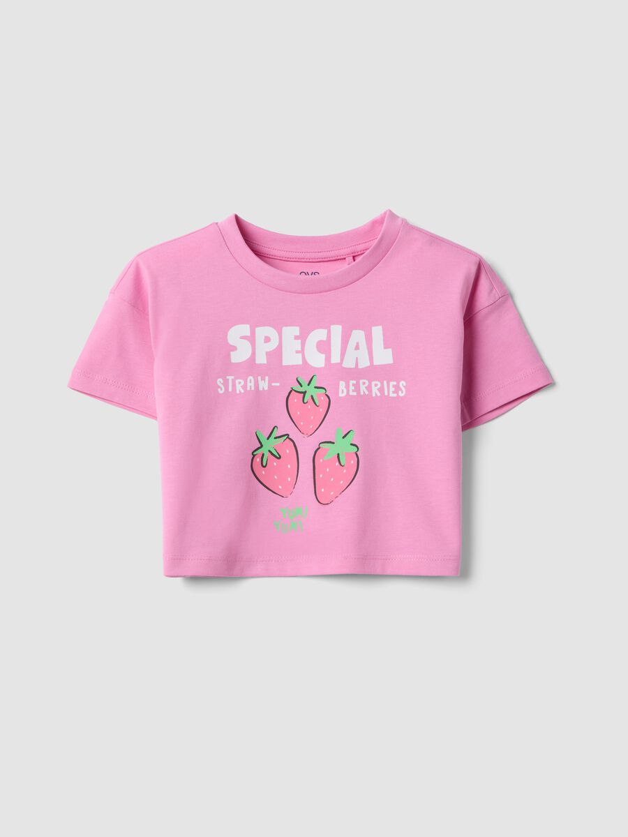 Pink pure cotton T-shirt for girls with strawberry print_0