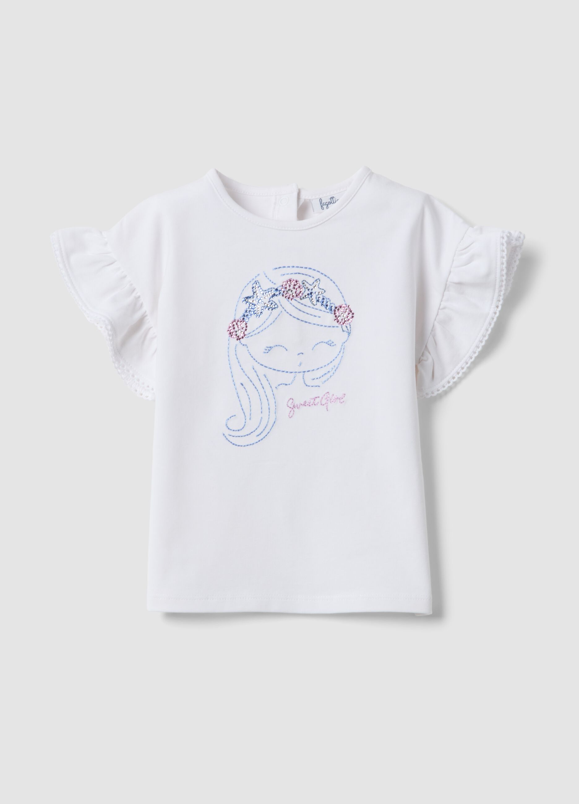 White stretch cotton T-shirt with short ruffle sleeves for baby girl, regular fit