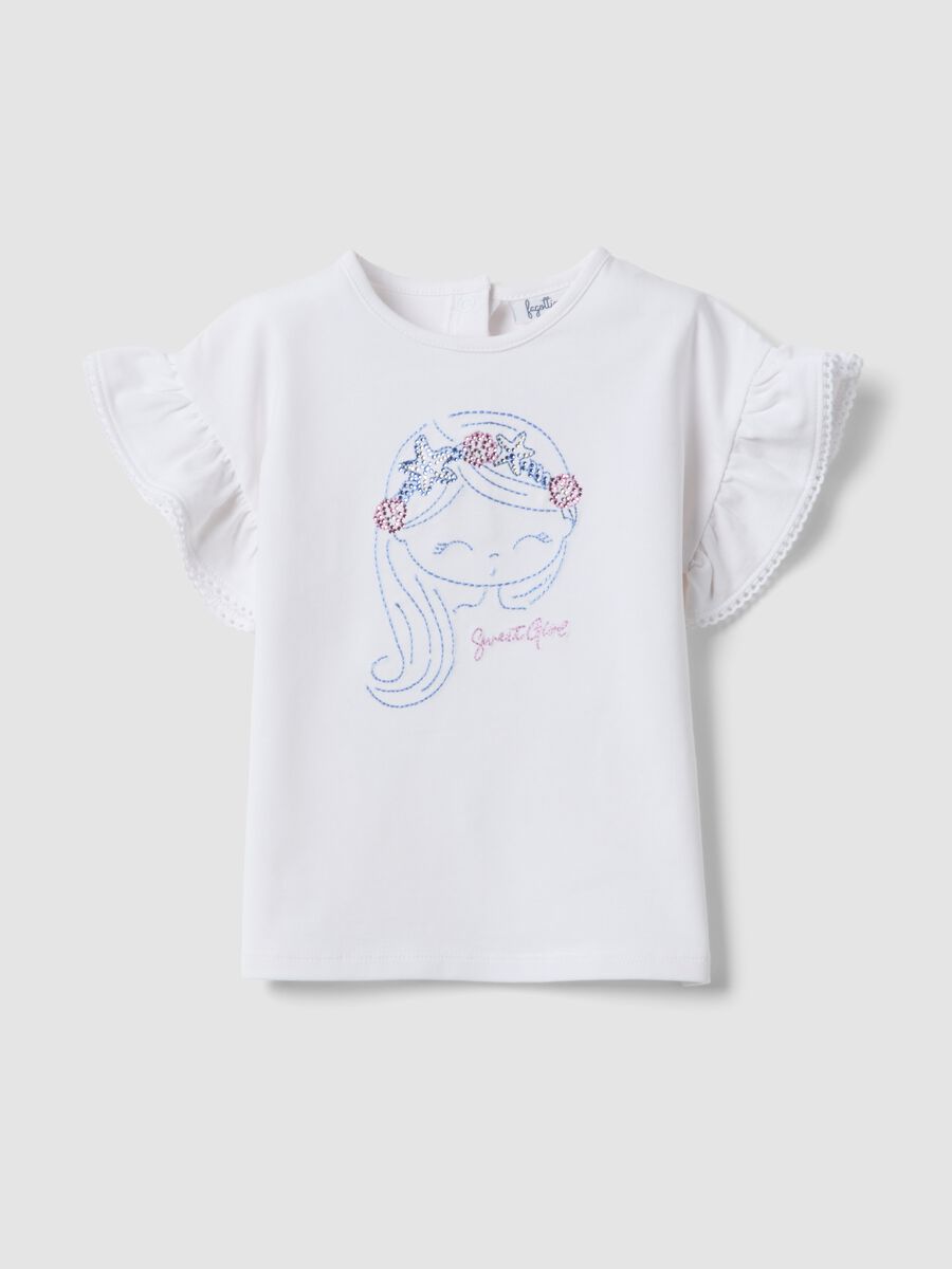 White stretch cotton T-shirt with short ruffle sleeves for baby girl, regular fit_0