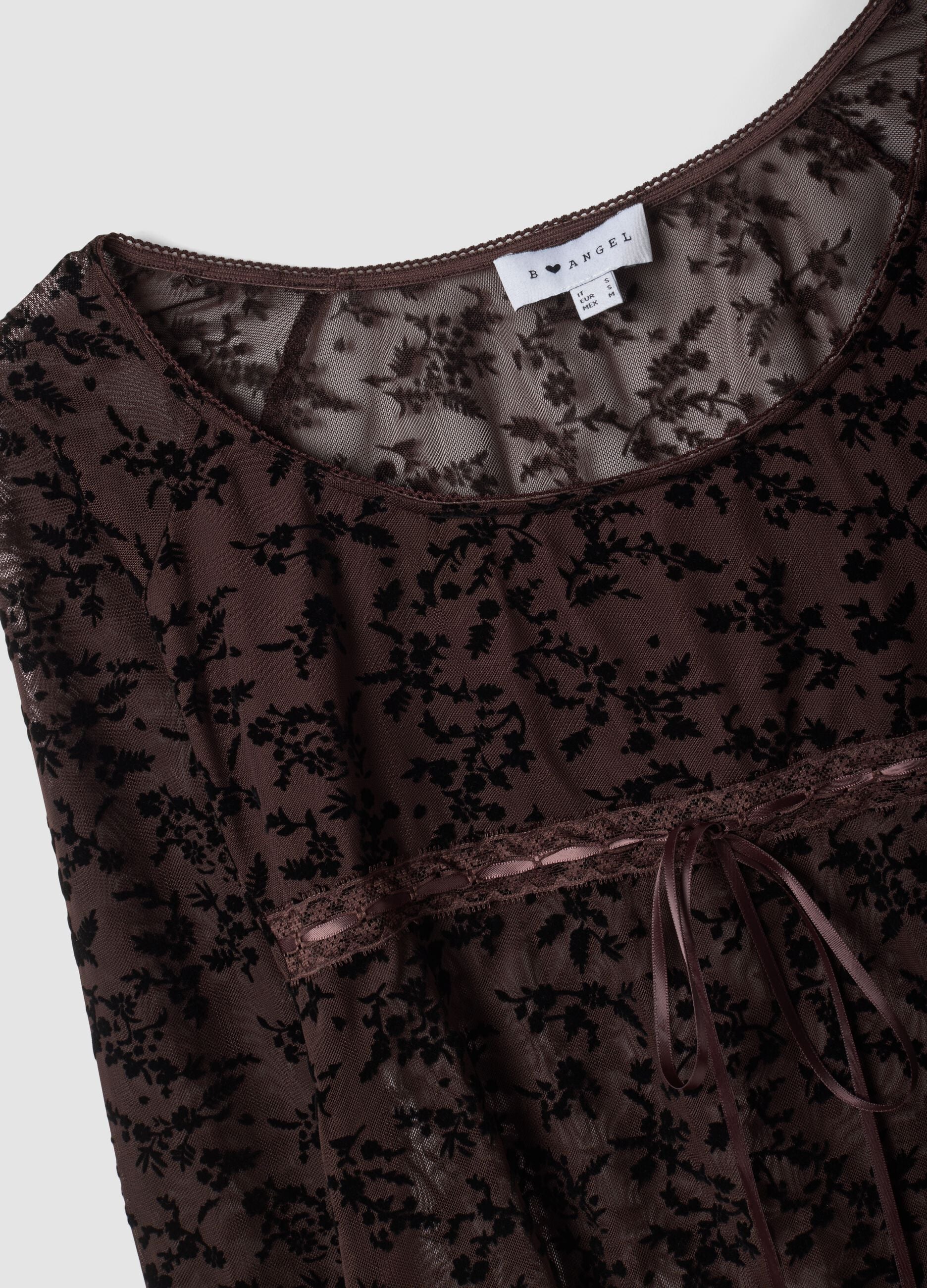 Brown stretch T-shirt with flocked floral print