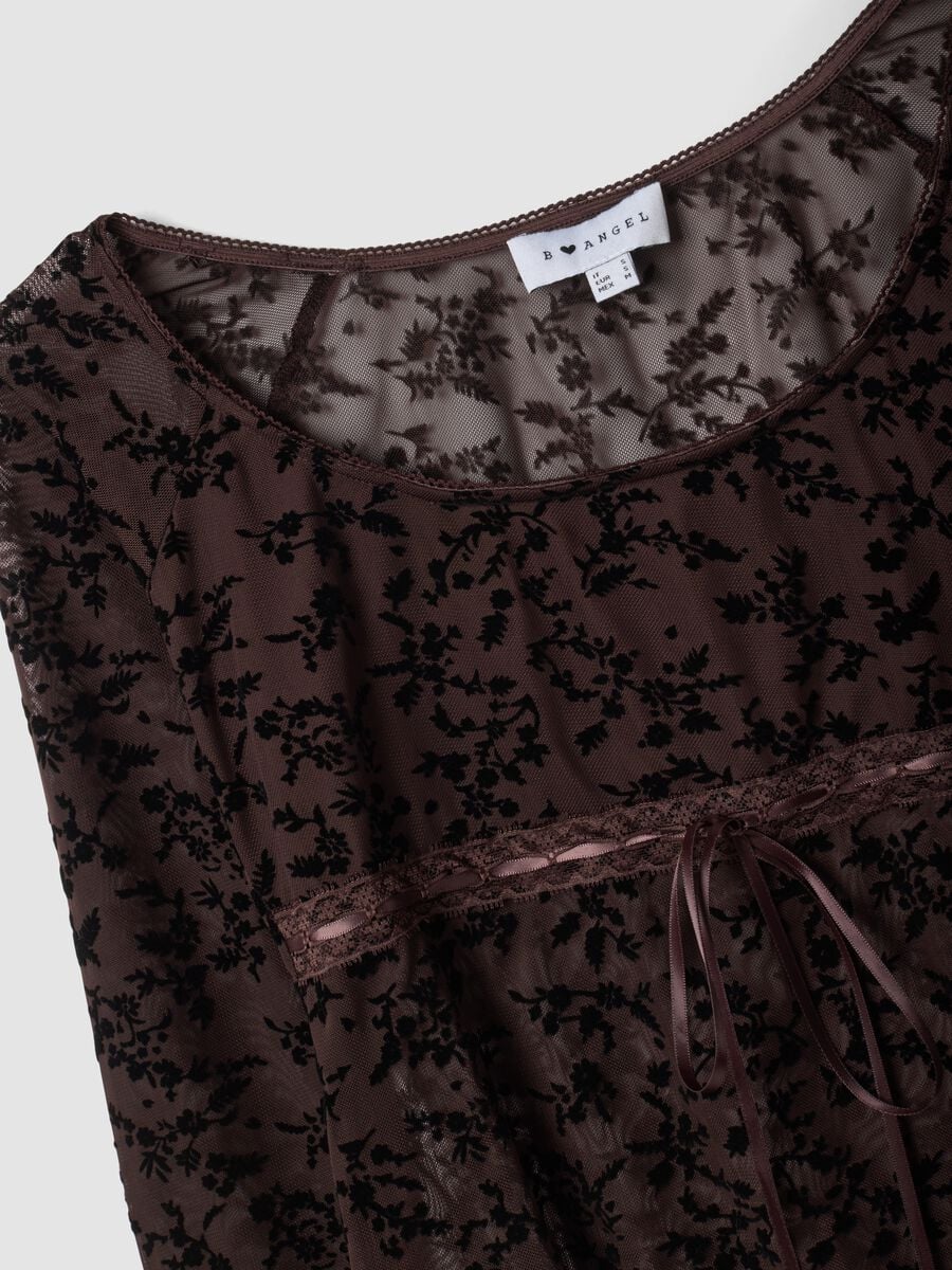 Brown stretch T-shirt with flocked floral print_5