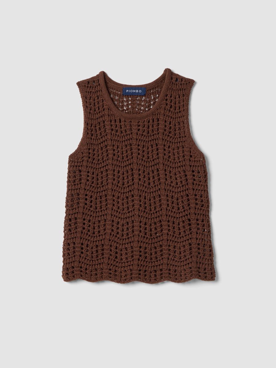 Brown regular fit cotton blend tank top with mesh texture_4