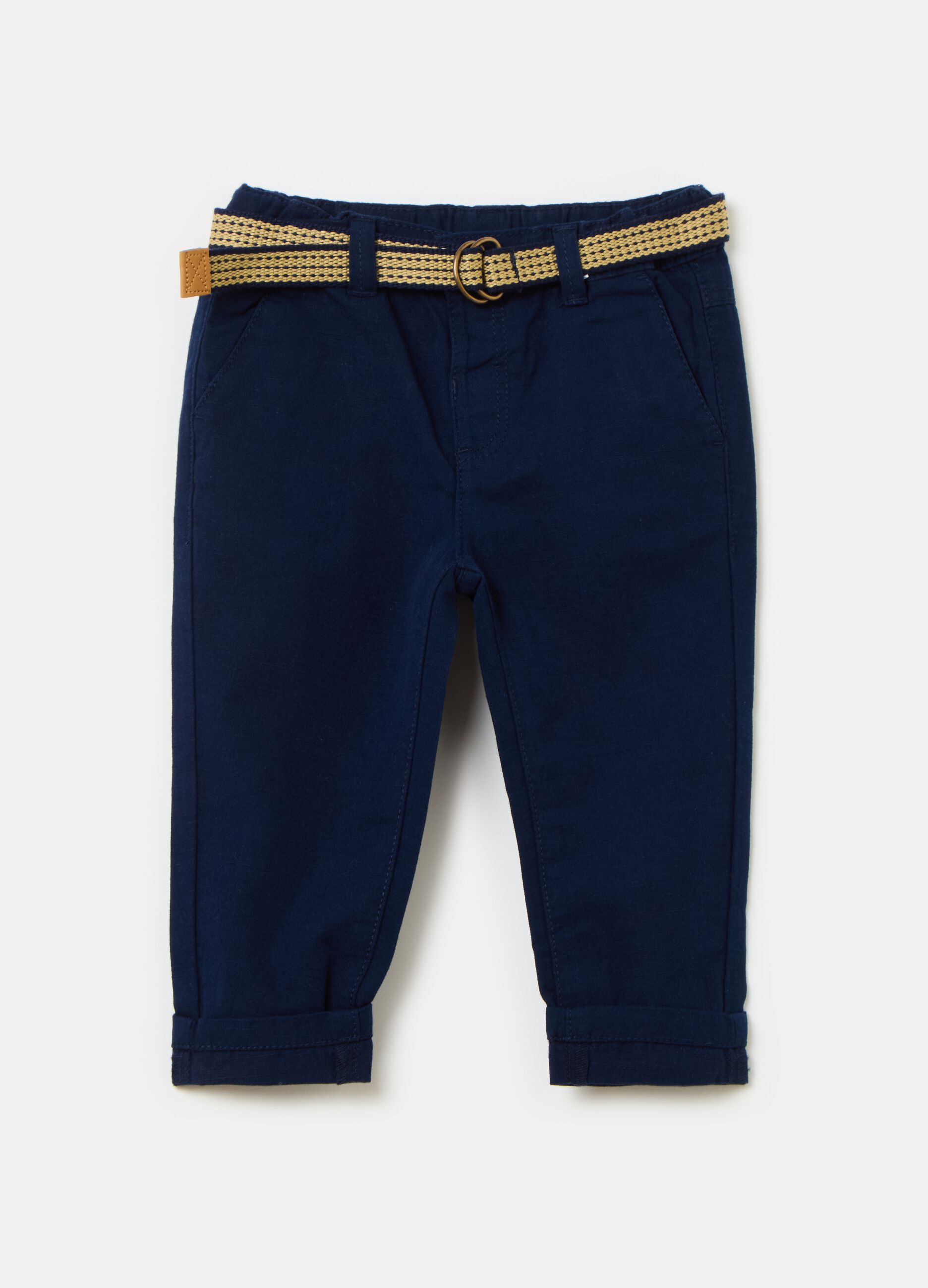 Pantaloni in cotone e lino con cintura