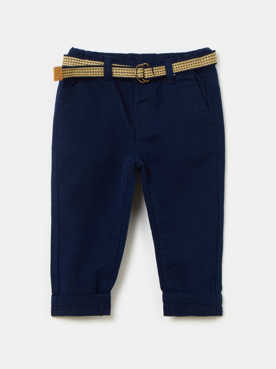 Pantalón de algodón y lino con cinturón_0