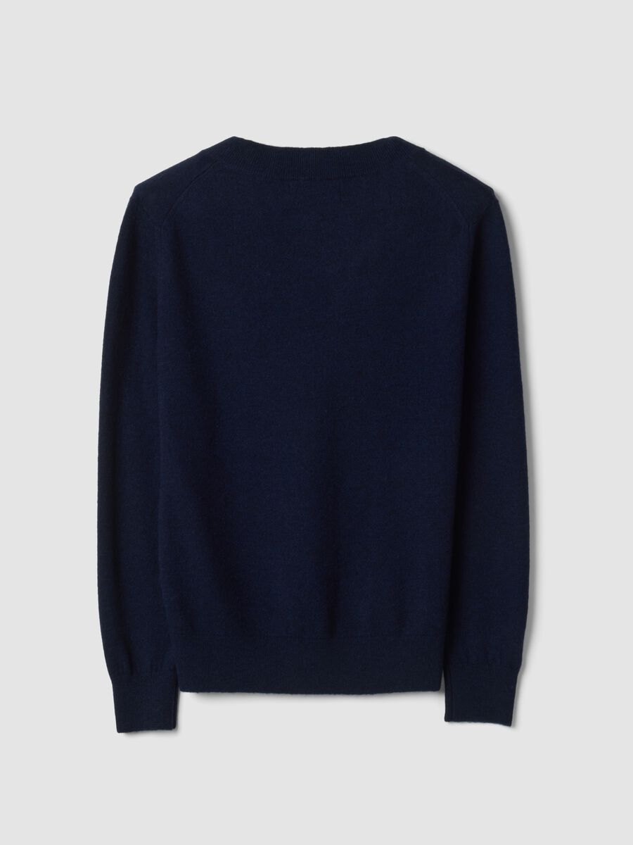 Maglia blu in pura lana con scollo profondo a V_2