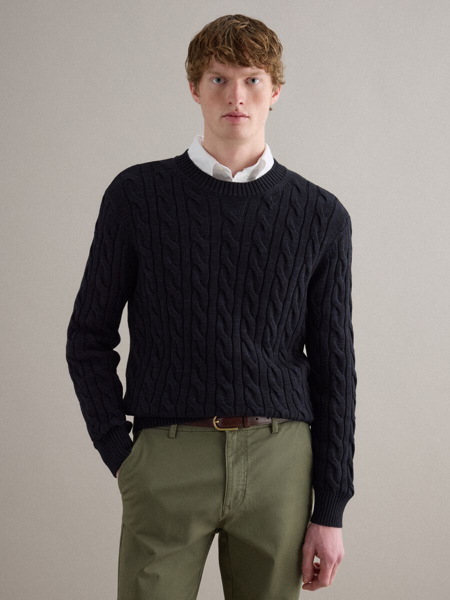 Blue pure cotton sweater with regular fit and woven design_2