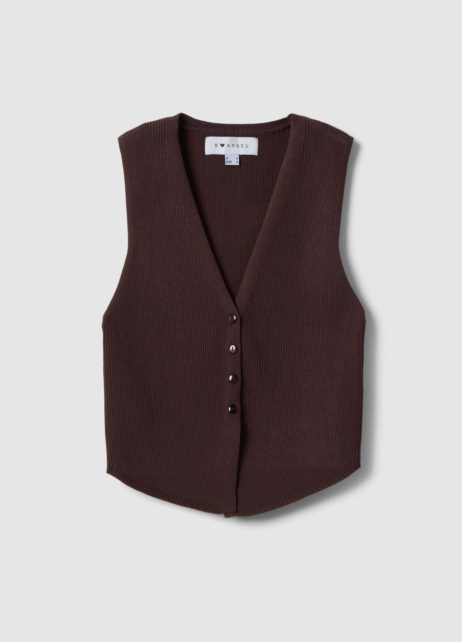 Brown viscose blend waistcoat regular fit deep V