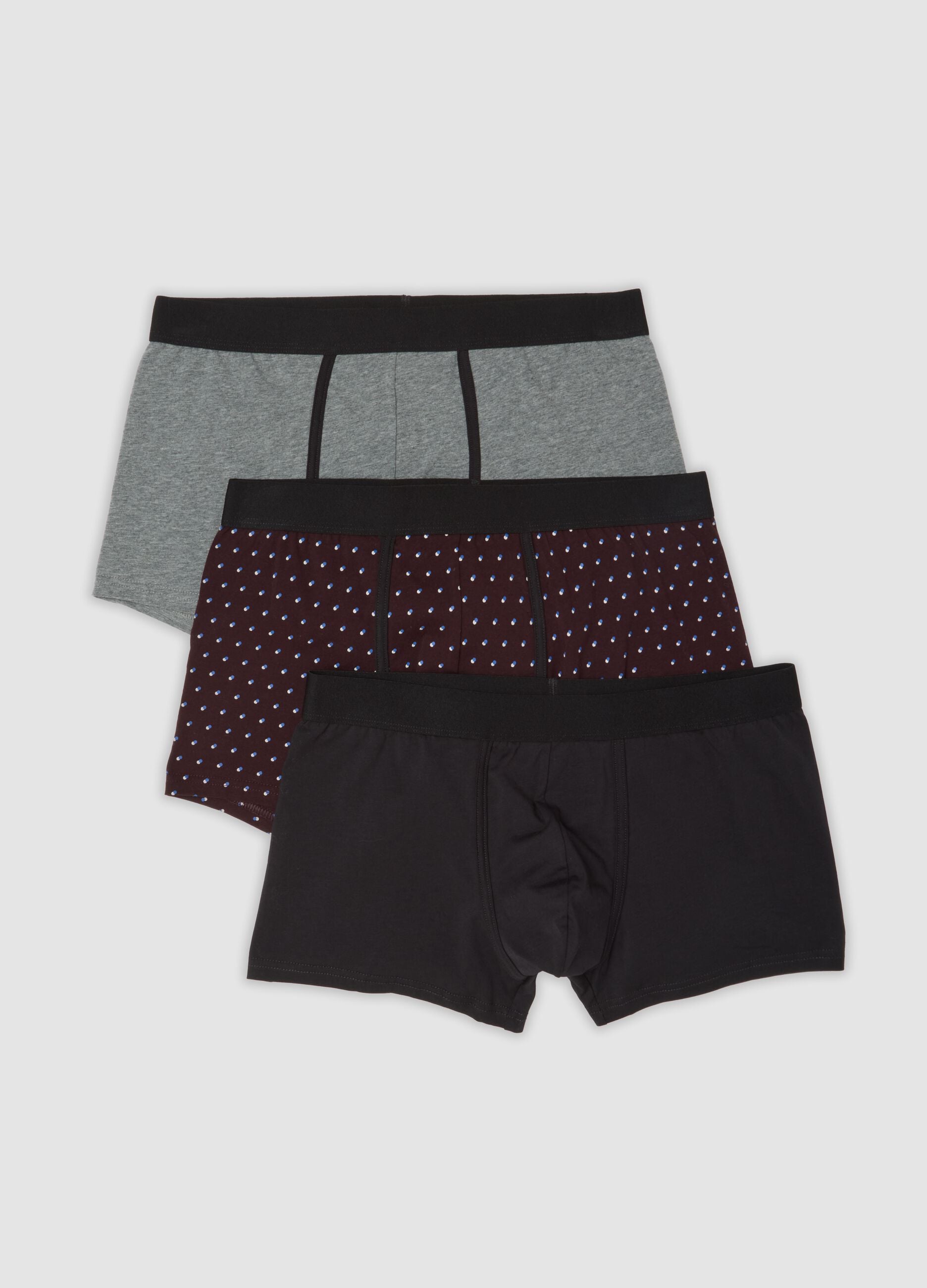 Tripack boxer nero, grigio melange e rosso bordeaux in cotone organico elasticizzato