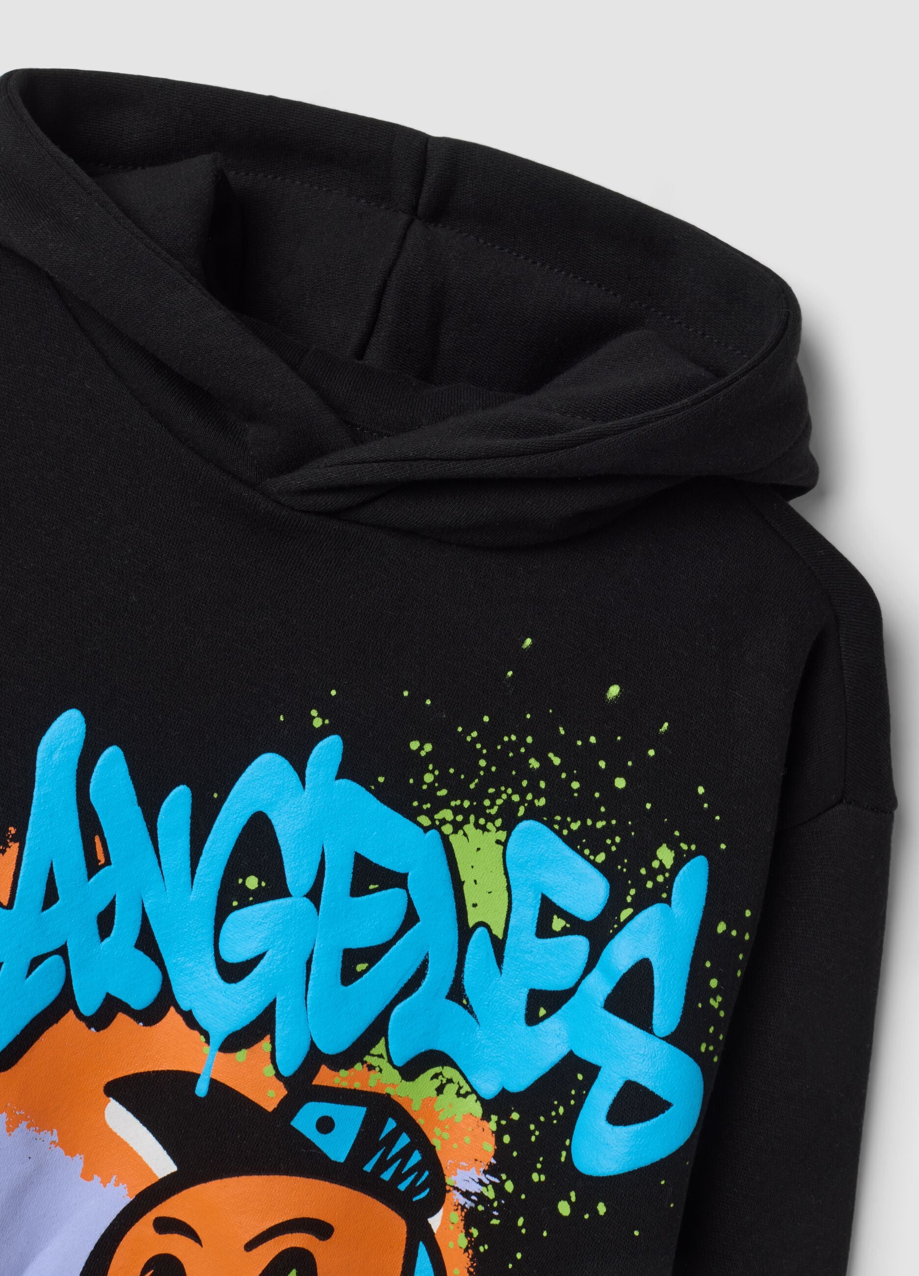 Sweatshirt com capuz preta em mistura de algod&atilde;o com estampado graffiti Los Angeles