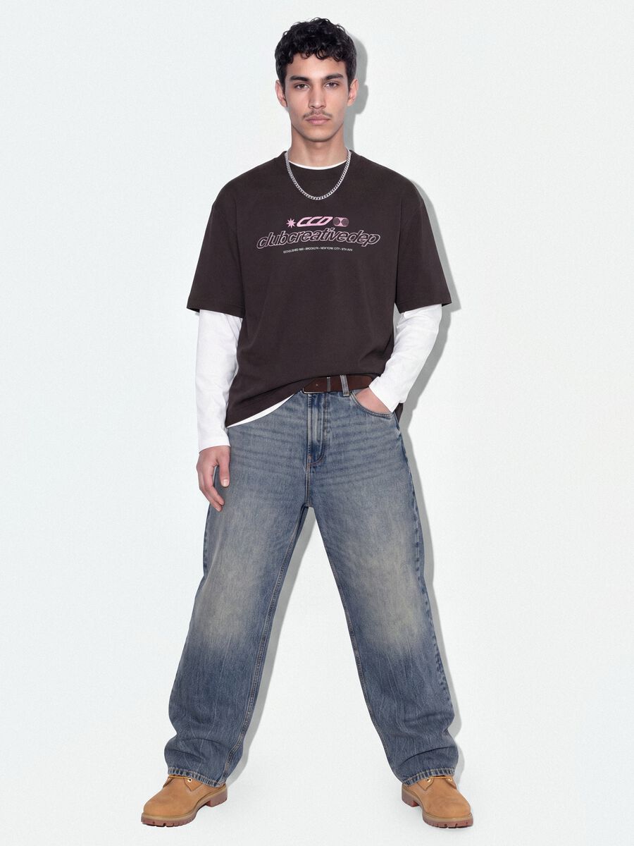 Brown cropped pure cotton T-shirt with front print, boxy fit_0