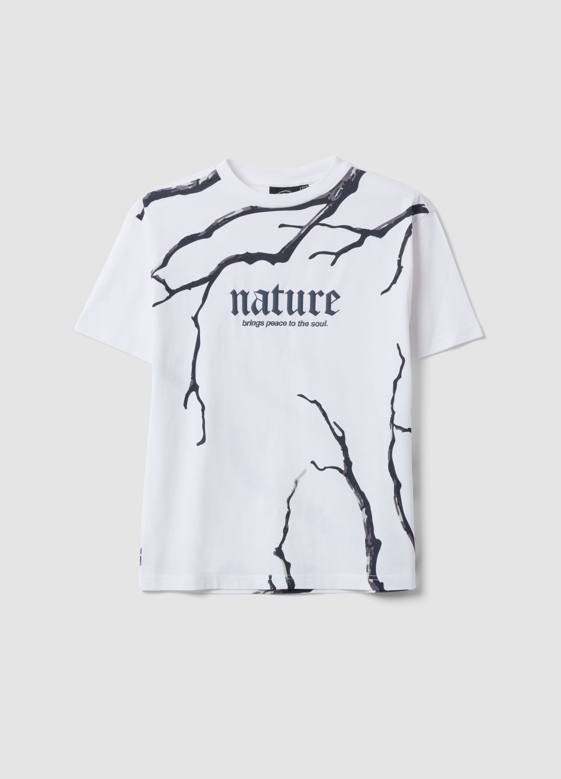 T-shirt branca em algod&atilde;o puro com estampado &ldquo;Nature&rdquo; para rapaz