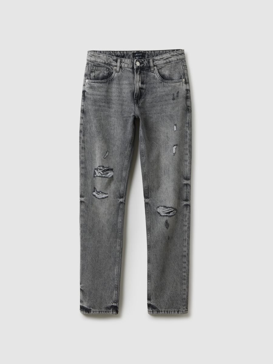 Grey Slim Fit Distressed Pure Cotton Jeans_0