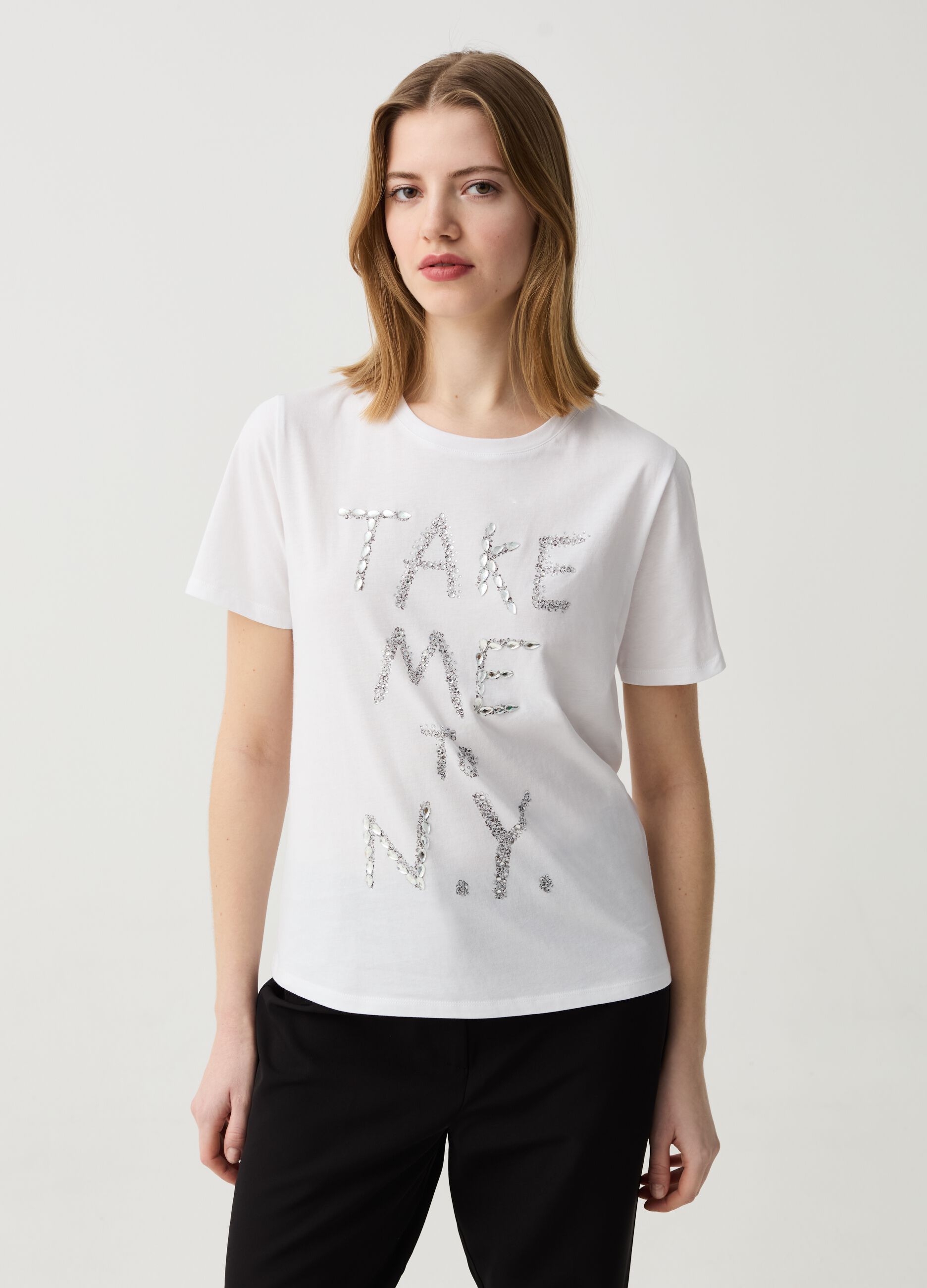 Camiseta con motivo de texto de cuentas de cristal y strass