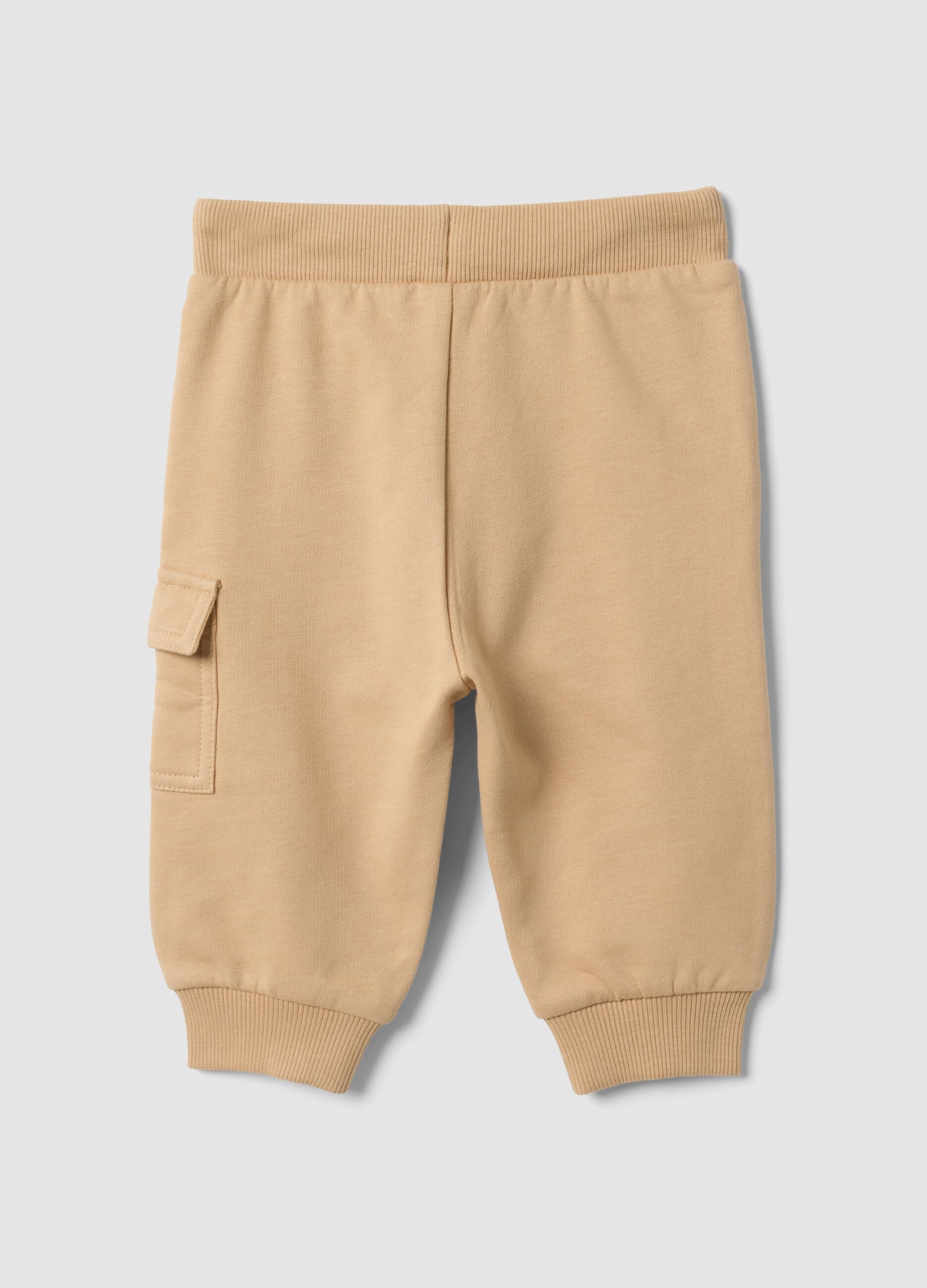 Beige organic cotton cargo trousers with drawstring for baby