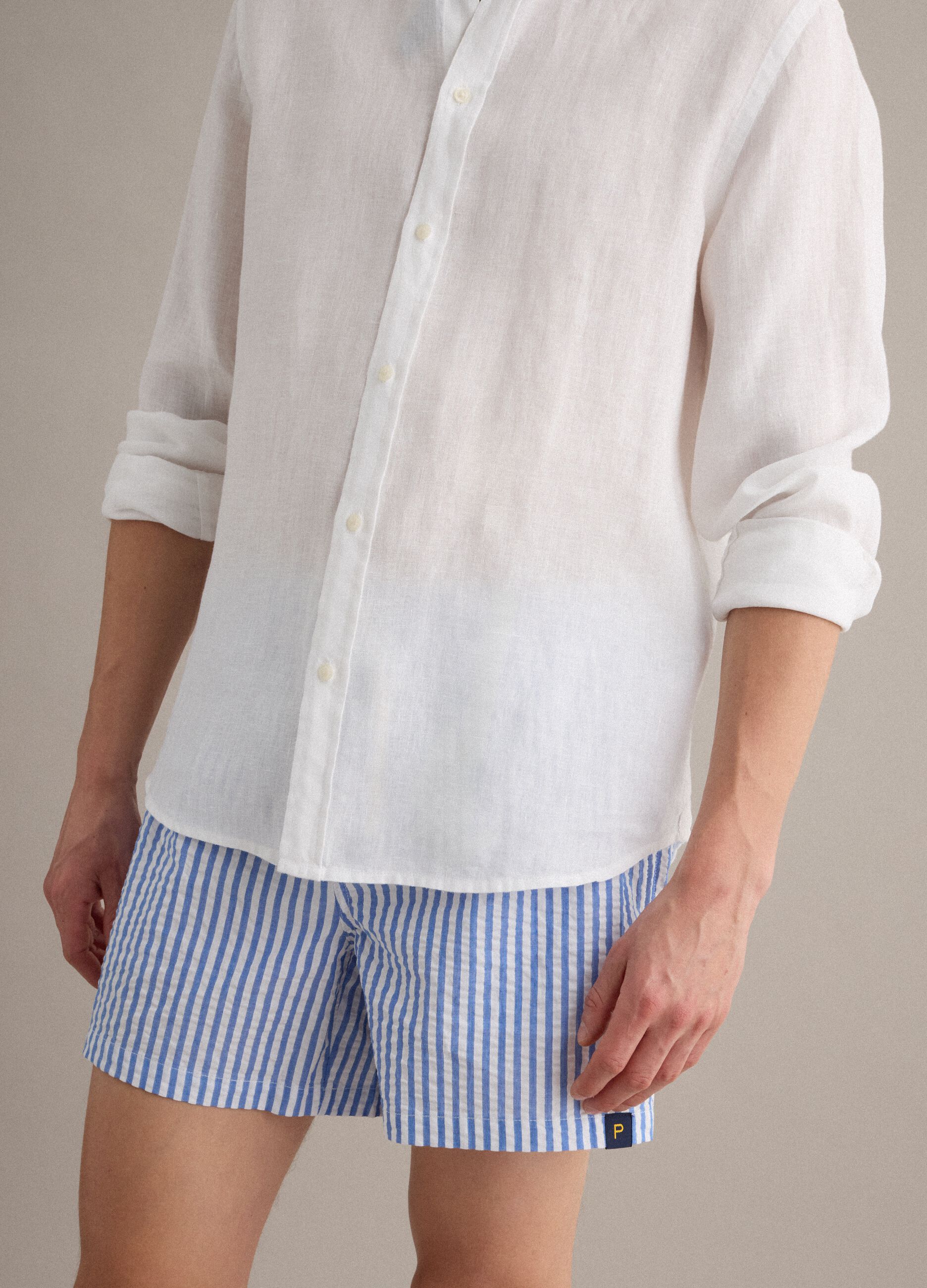 Blue and white striped pure cotton swim shorts