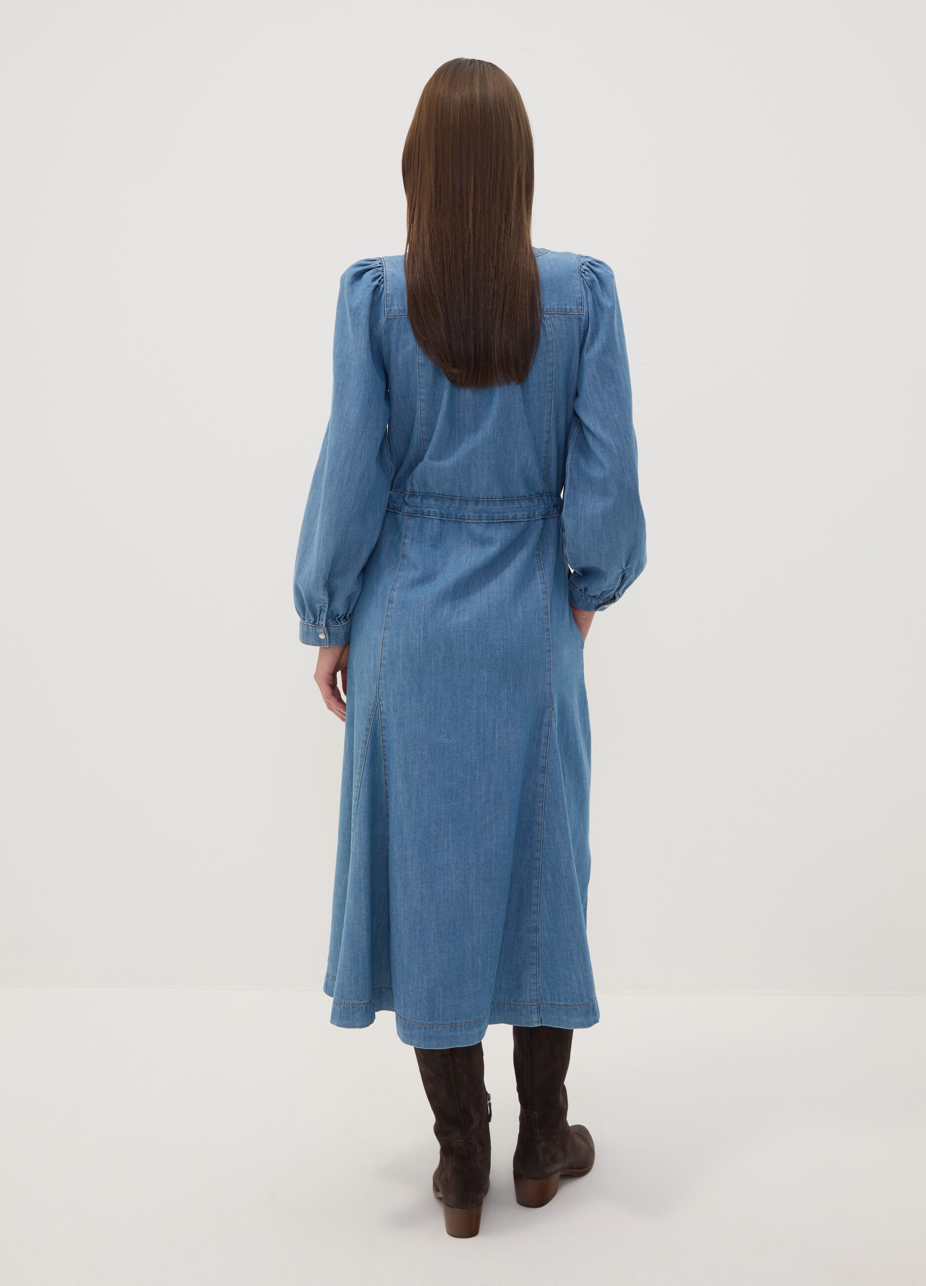 Blue pure cotton denim dress with deep V-neck regular fit