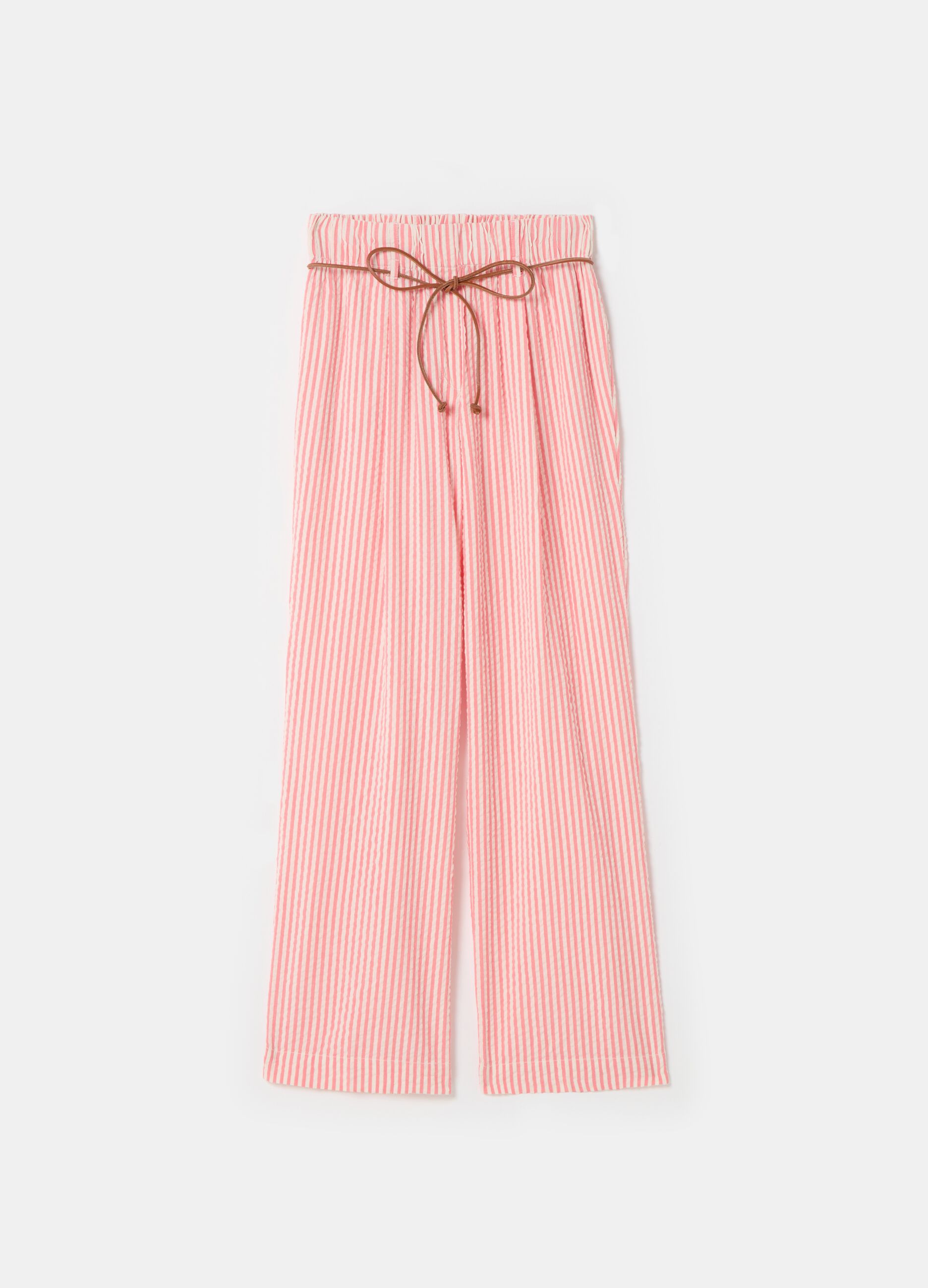 Striped seersucker trousers with belt