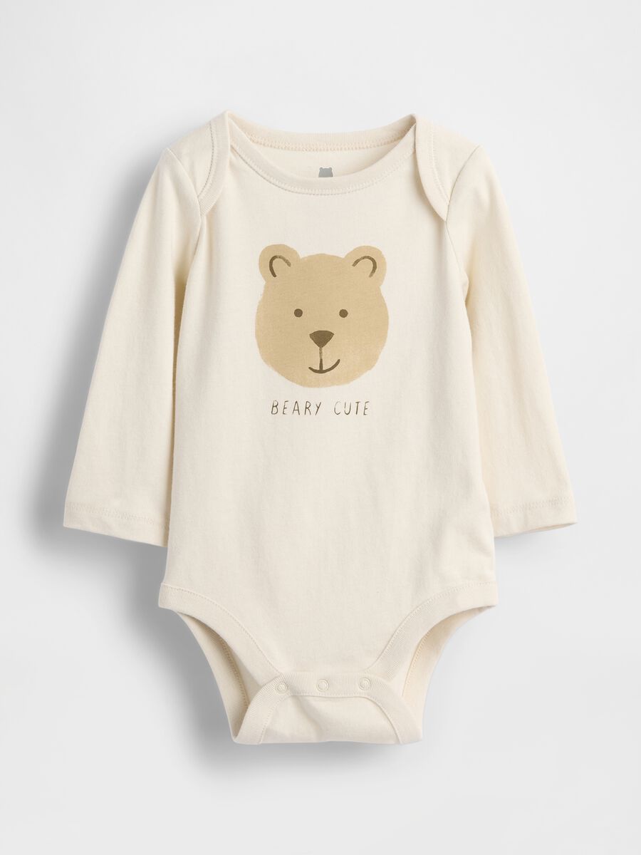 Beige cotton bodysuit with teddy bear print_0