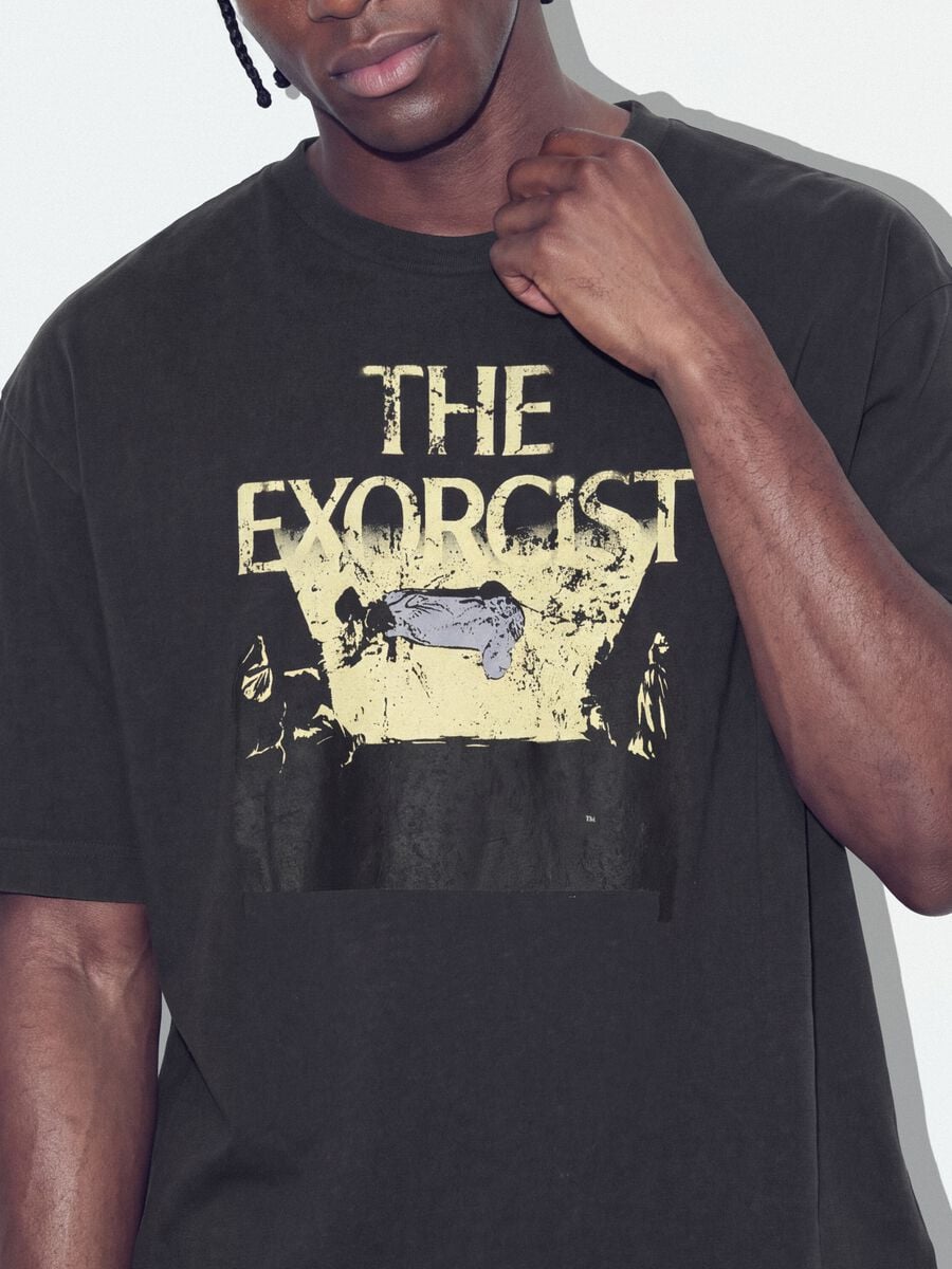 Grey cropped pure cotton T-shirt with "The Exorcist" print, regular fit_2