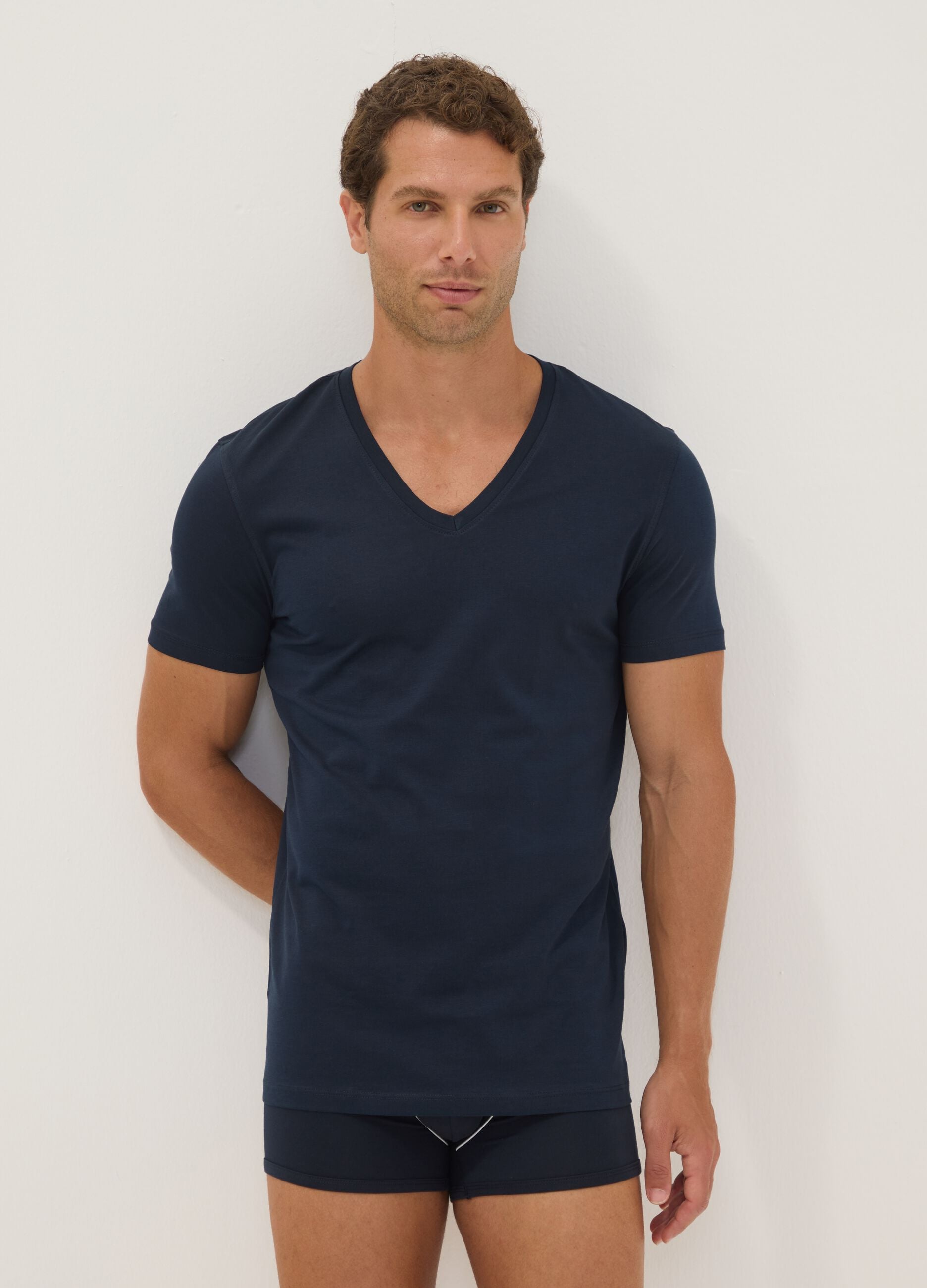 Blue pure Supima cotton V-neck T-shirt, regular fit