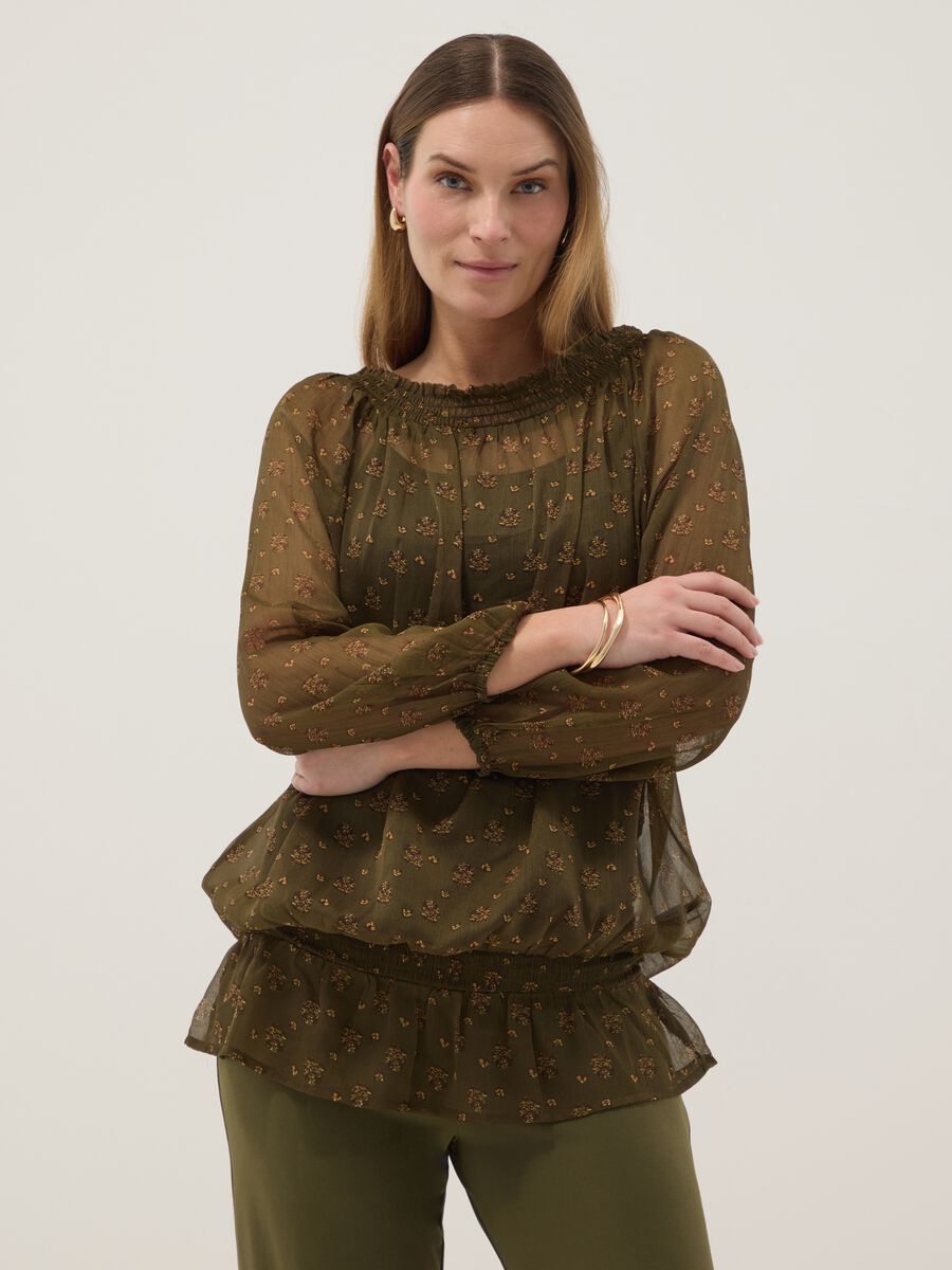 Green maternity blouse with boat neckline and fantasy print_1