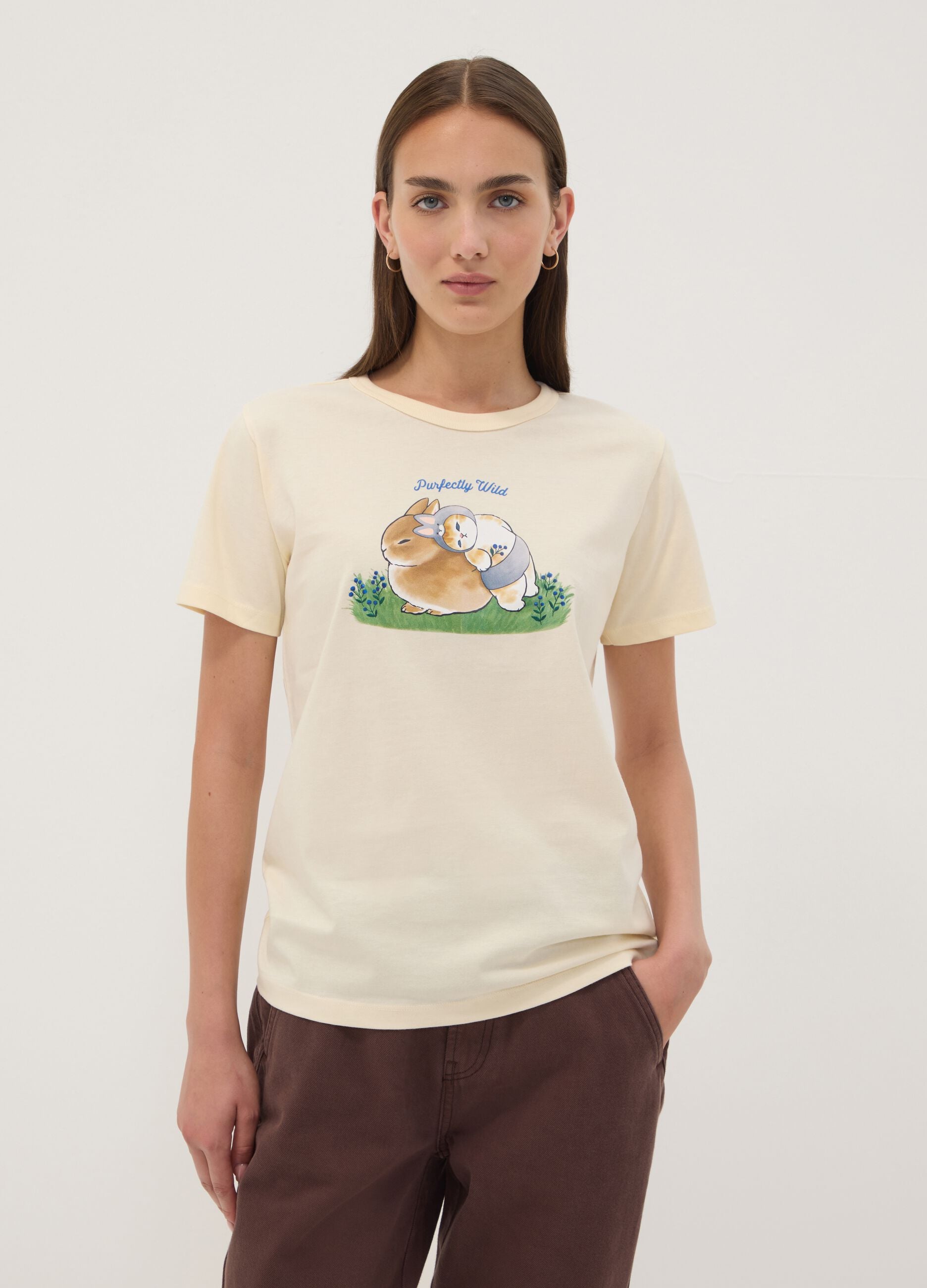 Beiges Regular-Fit-T-Shirt aus reiner Baumwolle mit s&uuml;&szlig;em Tier-Print