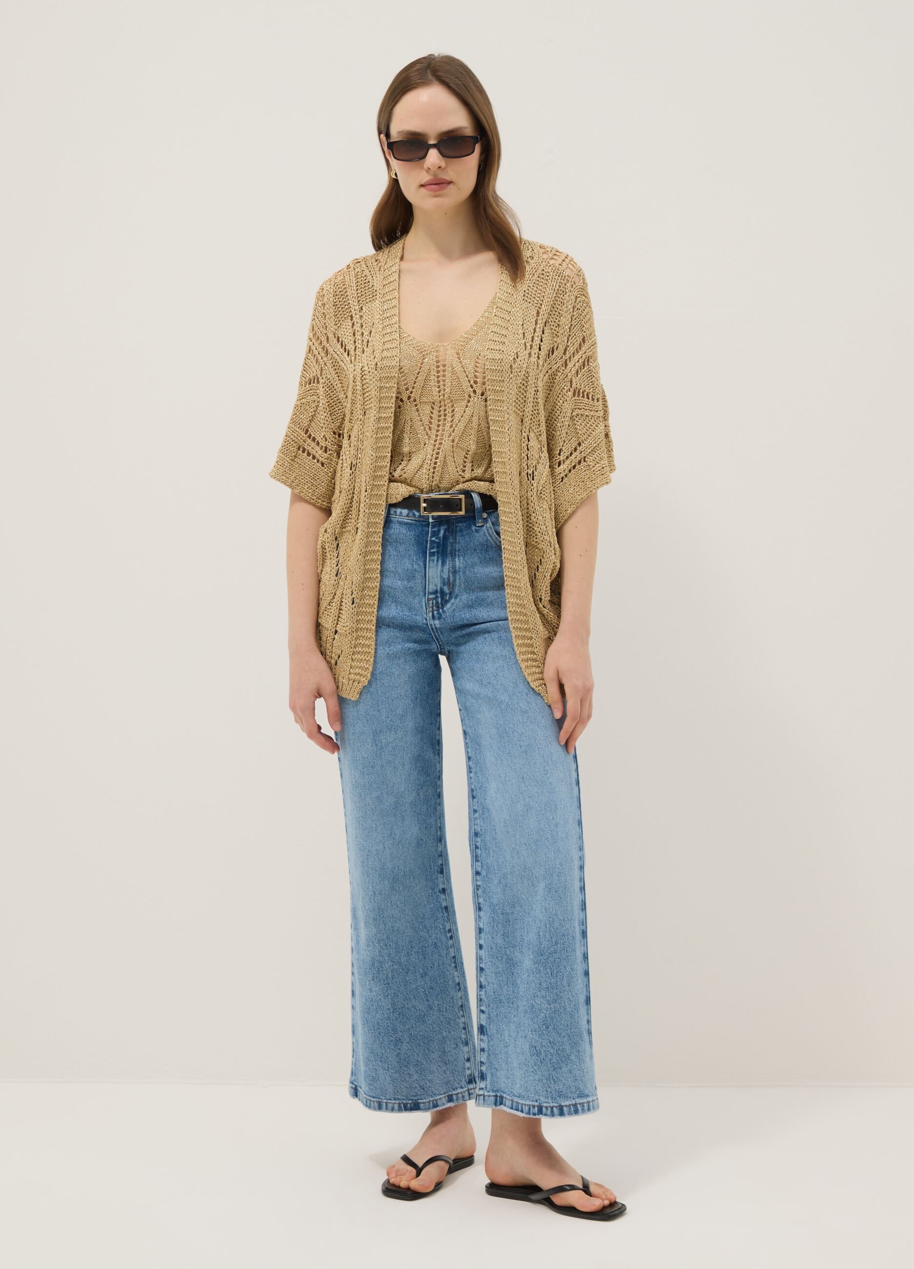 Beige openwork viscose-blend cardigan