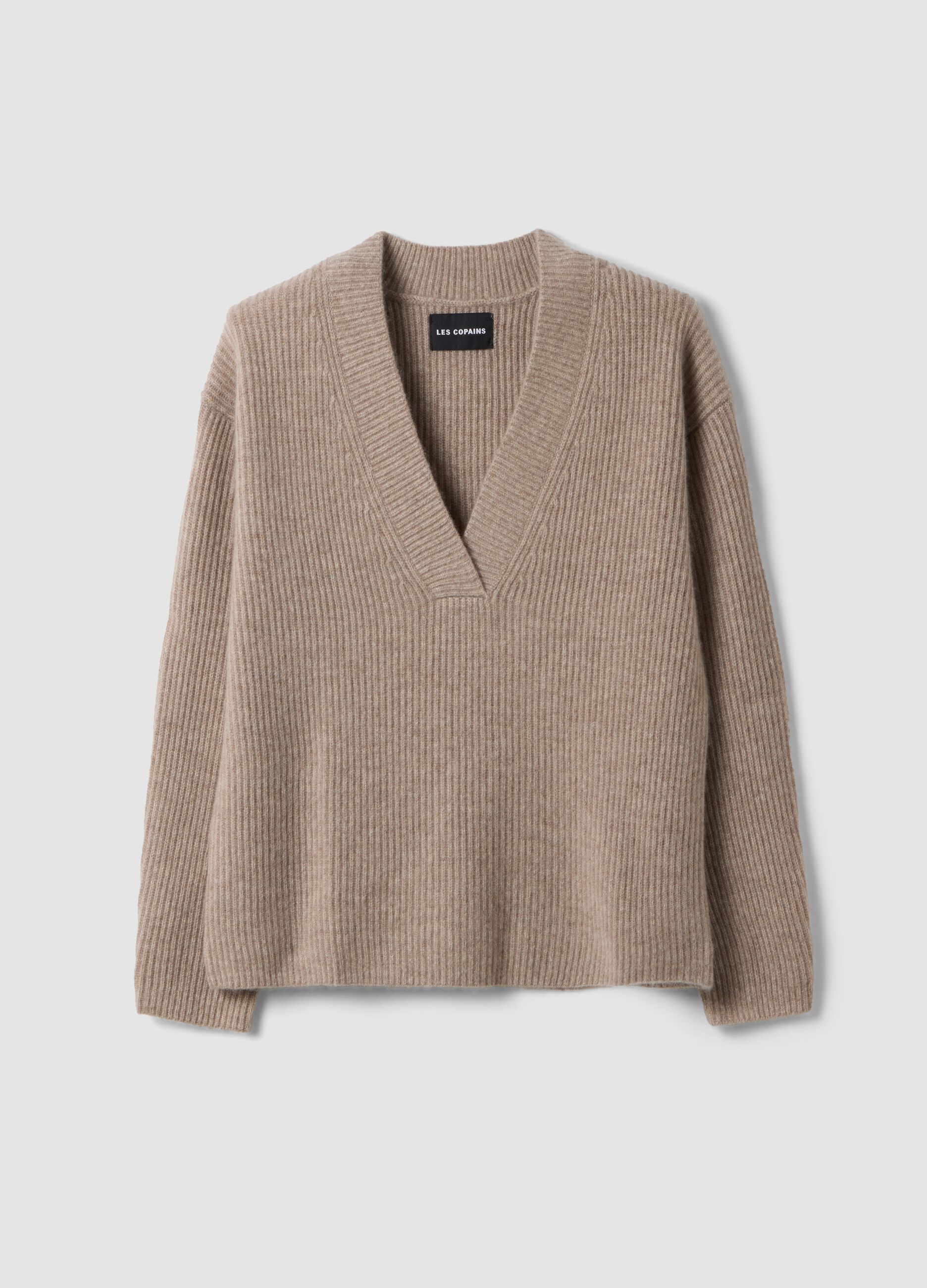 Beige marl pure cashmere deep V-neck oversized jumper