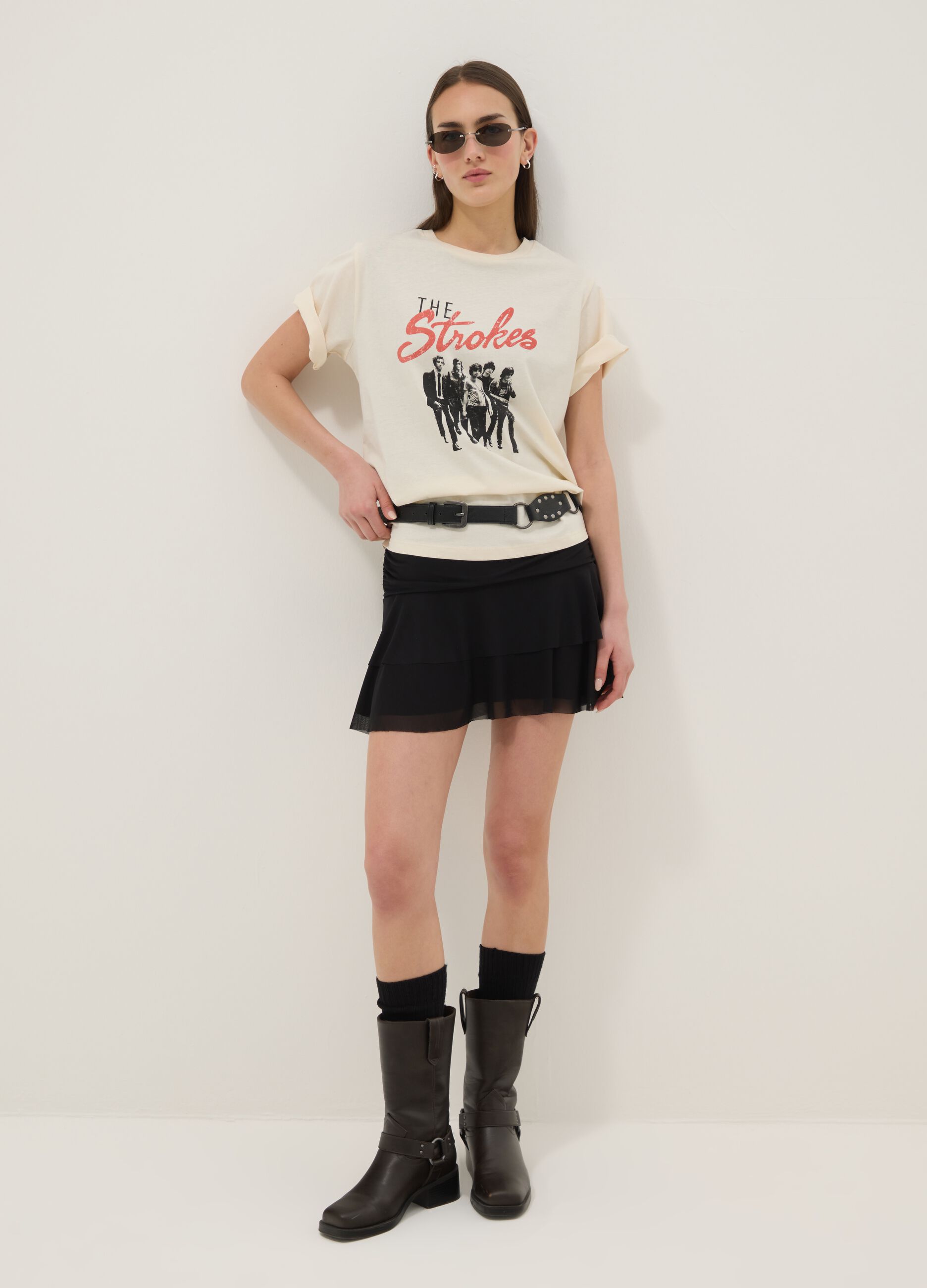 Beiges T-Shirt aus reiner Baumwolle mit Oversize-Print, Relaxed Fit