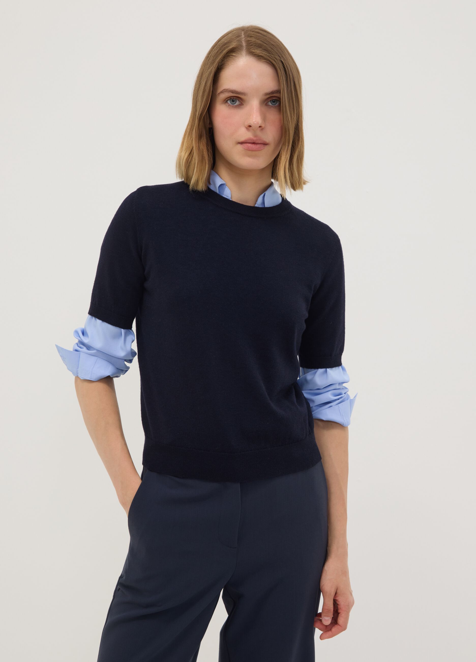 Navy wool-blend crew-neck short-sleeve jumper, regular fit