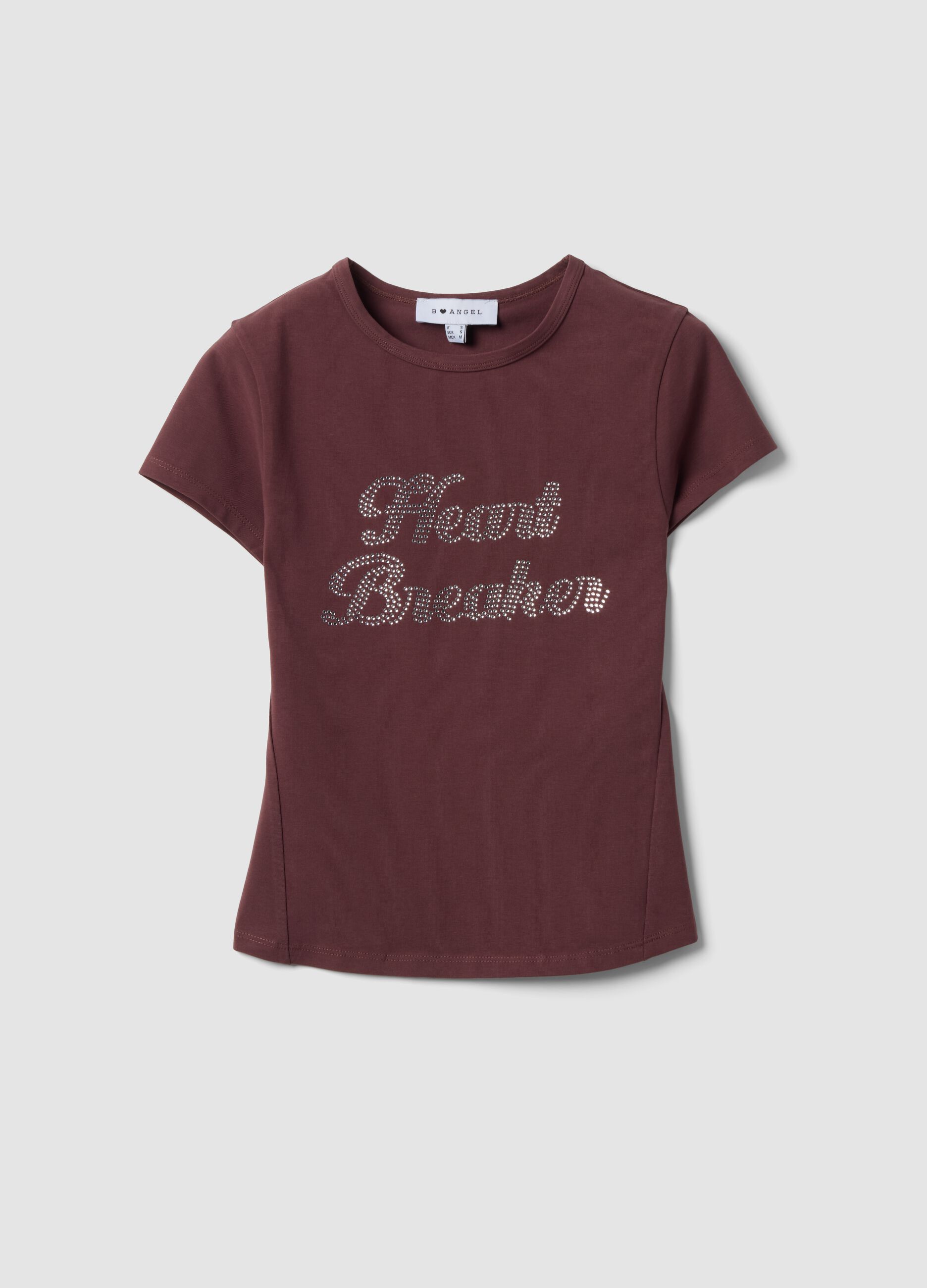 Braunes, figurbetontes T-Shirt aus Stretch-Baumwolle mit Strass-Applikationen
